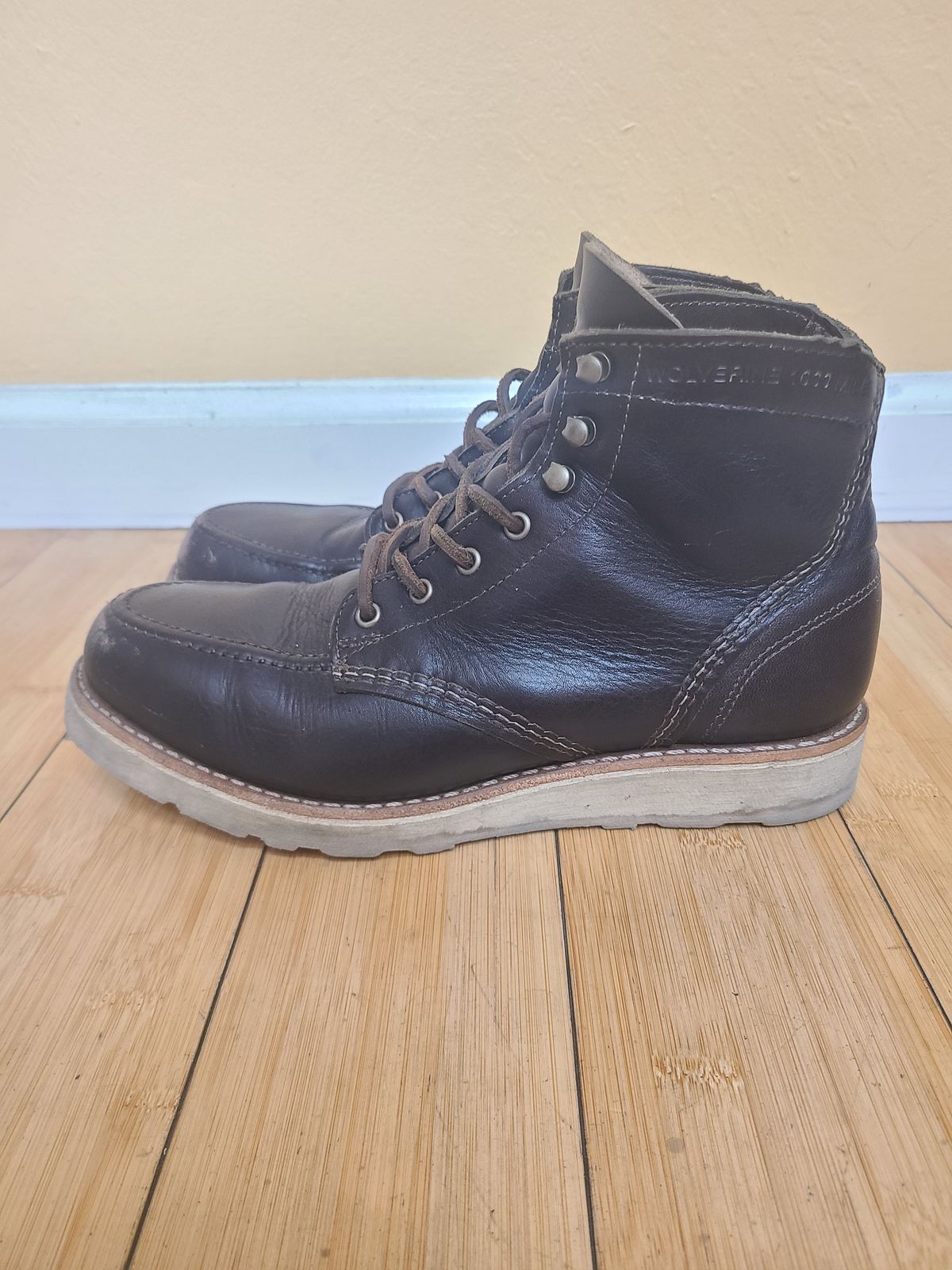 Photo by TheSlickBastard on December 1, 2022 of the Wolverine 1000 Mile Moc-Toe Boot in Horween Arabica Lux Calfskin.
