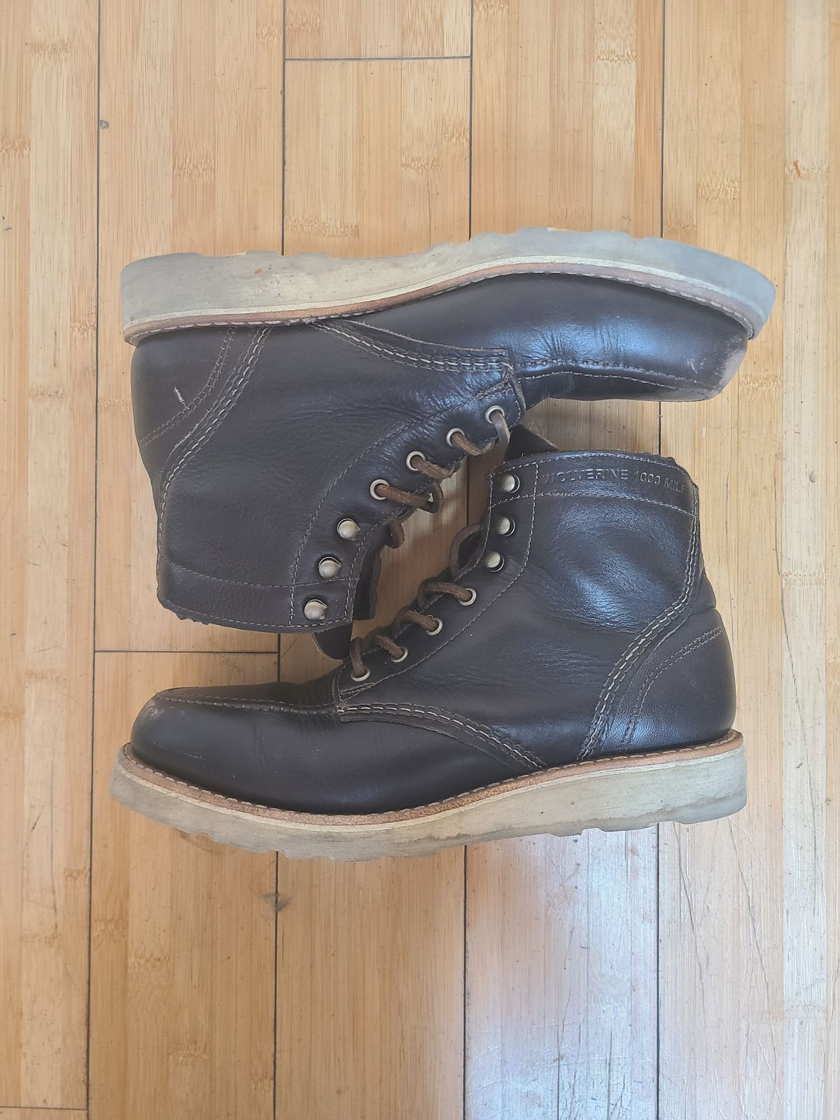 Photo by TheSlickBastard on December 1, 2022 of the Wolverine 1000 Mile Moc-Toe Boot in Horween Arabica Lux Calfskin.