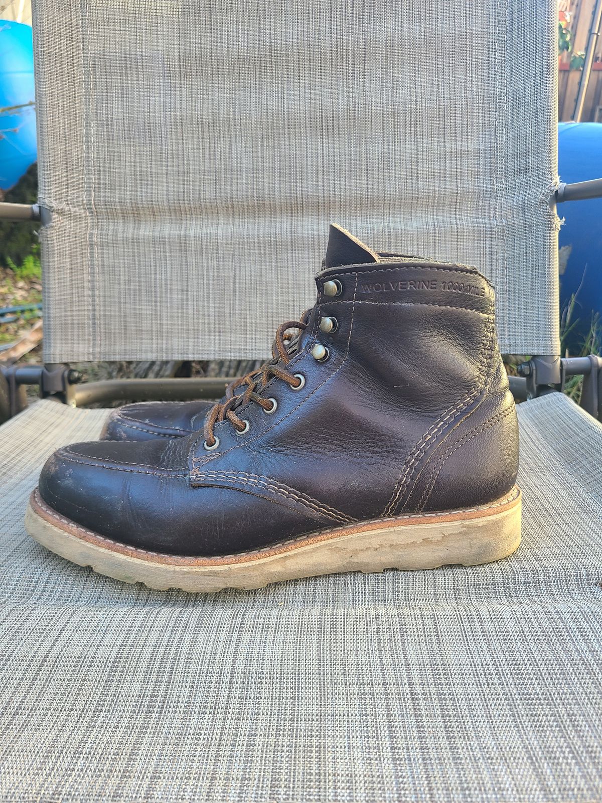 Photo by TheSlickBastard on January 1, 2023 of the Wolverine 1000 Mile Moc-Toe Boot in Horween Arabica Lux Calfskin.