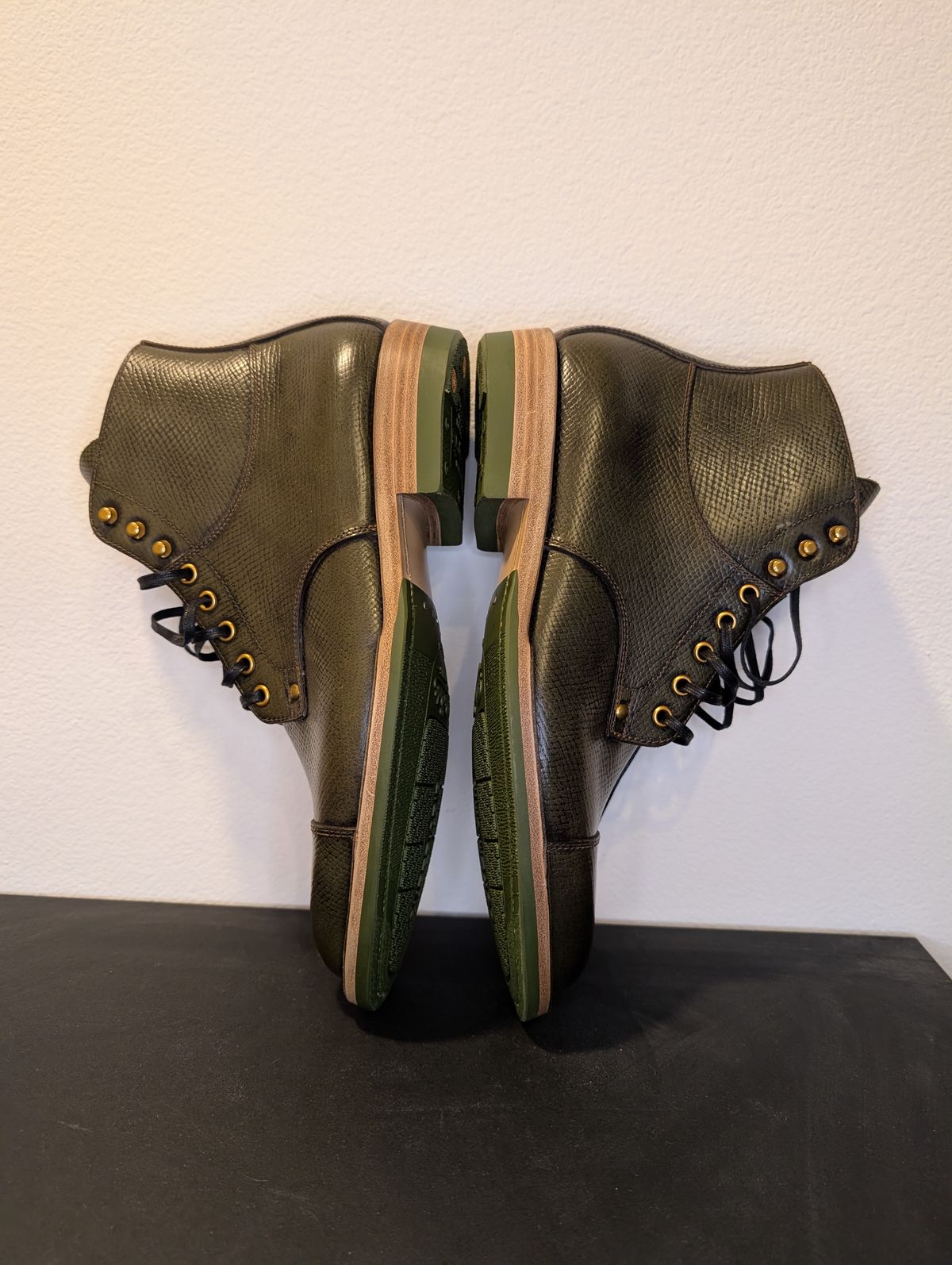 Photo by unofficiallegends on October 5, 2025 of the Iron Boots x Østmo Type 1 in Horween Pioneer Hatchgrain Green.