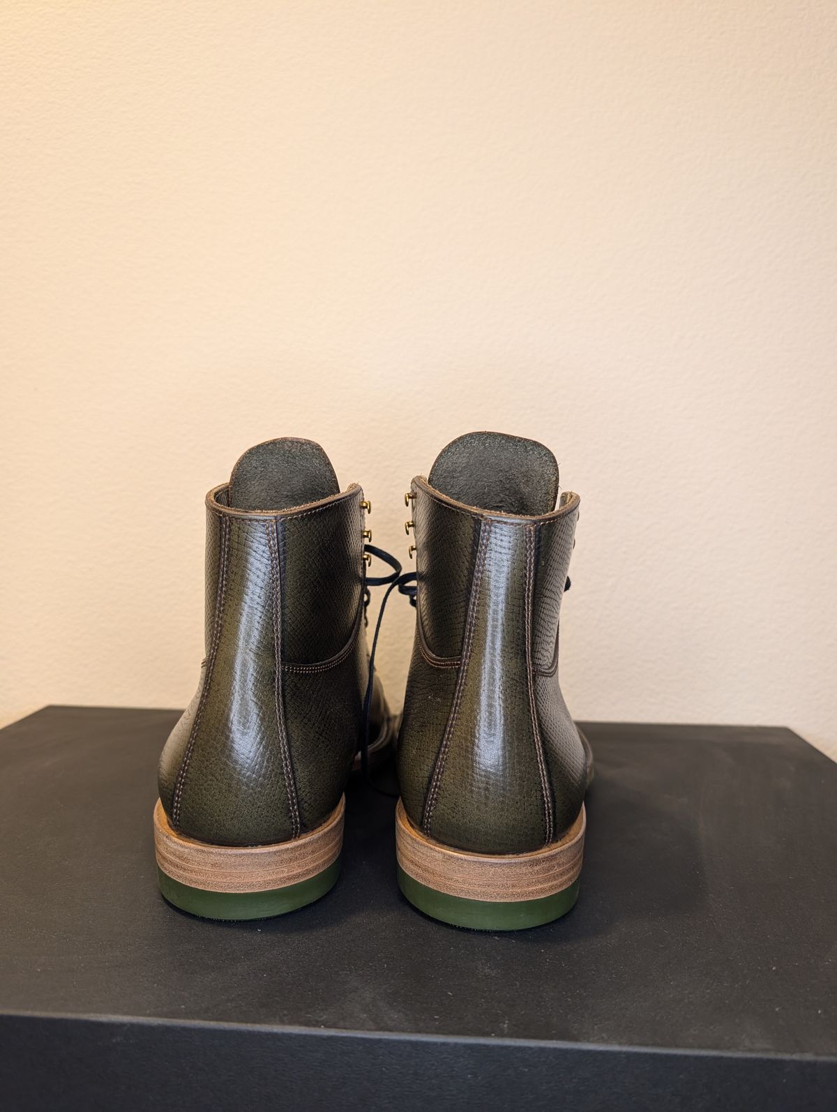 Photo by unofficiallegends on October 5, 2025 of the Iron Boots x Østmo Type 1 in Horween Pioneer Hatchgrain Green.