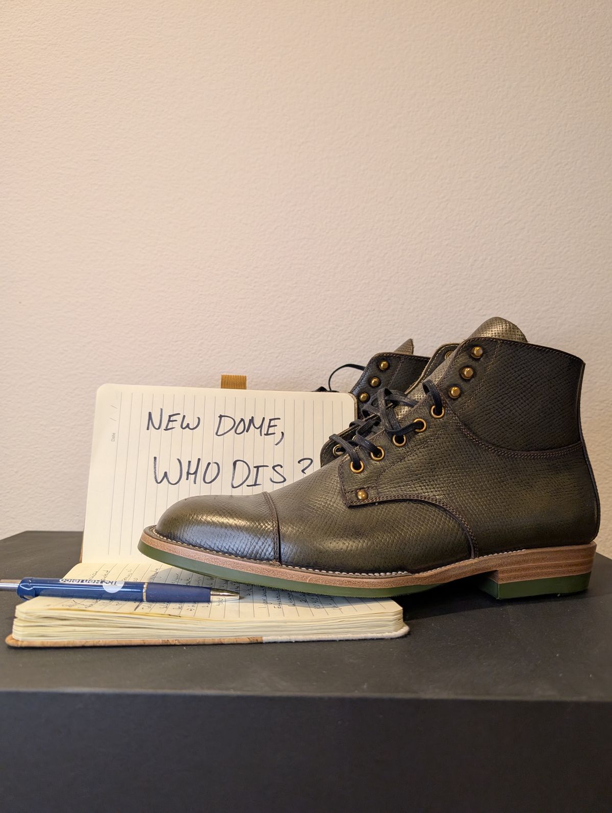 Photo by unofficiallegends on October 5, 2025 of the Iron Boots x Østmo Type 1 in Horween Pioneer Hatchgrain Green.