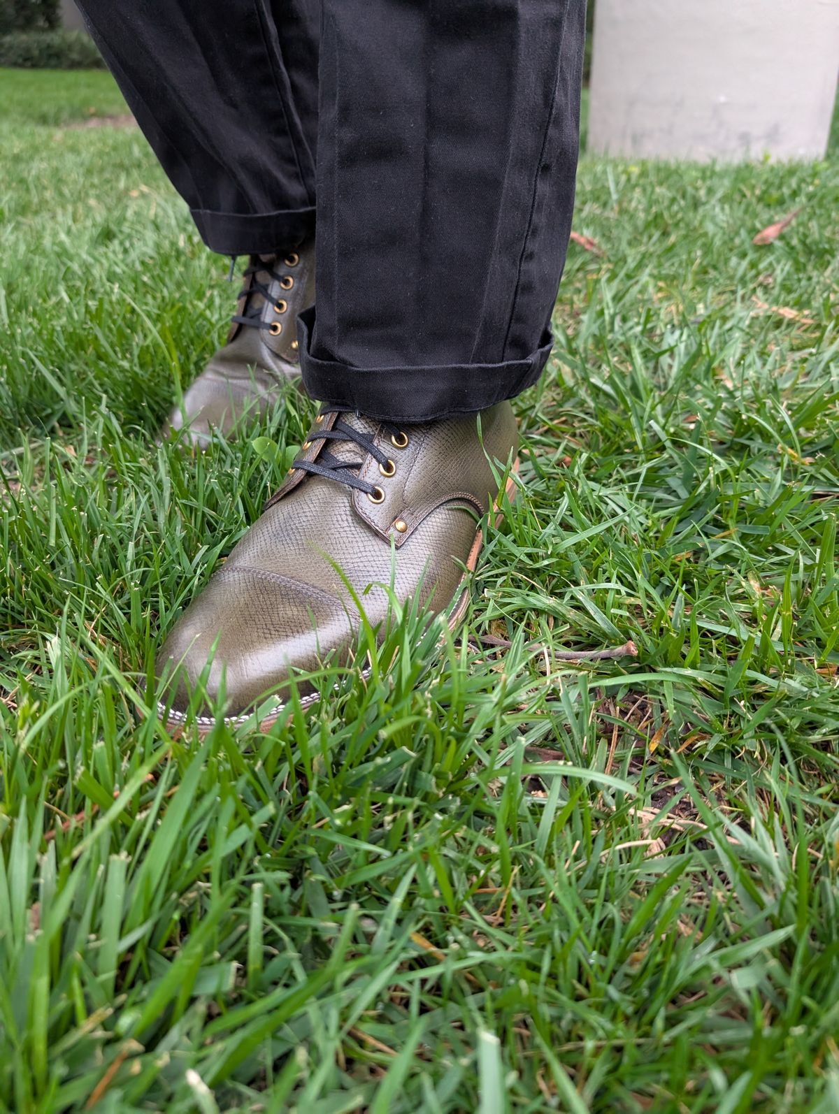 Photo by unofficiallegends on November 4, 2025 of the Iron Boots x Østmo Type 1 in Horween Pioneer Hatchgrain Green.