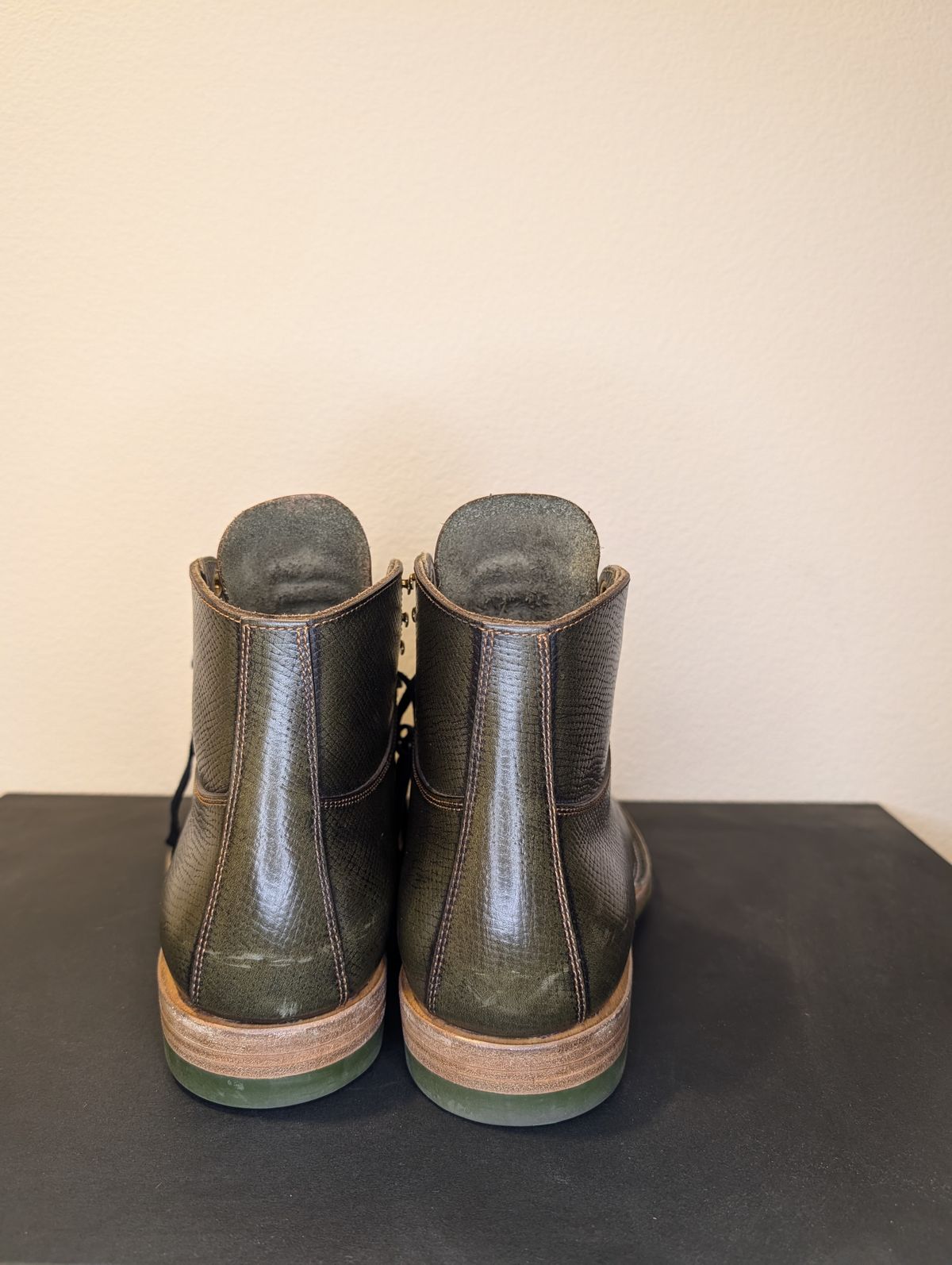 Photo by unofficiallegends on November 4, 2025 of the Iron Boots x Østmo Type 1 in Horween Pioneer Hatchgrain Green.