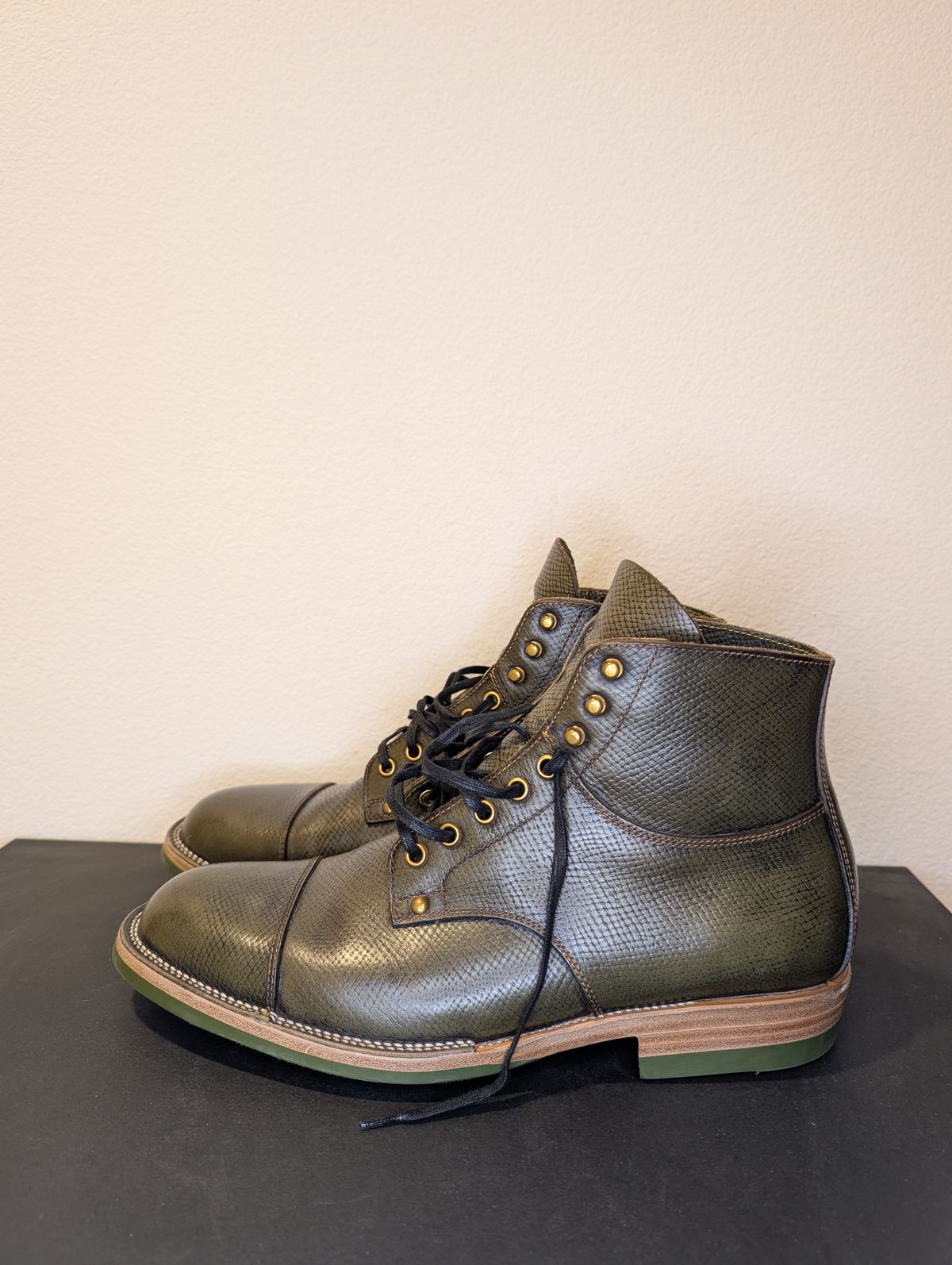Photo by unofficiallegends on November 4, 2025 of the Iron Boots x Østmo Type 1 in Horween Pioneer Hatchgrain Green.