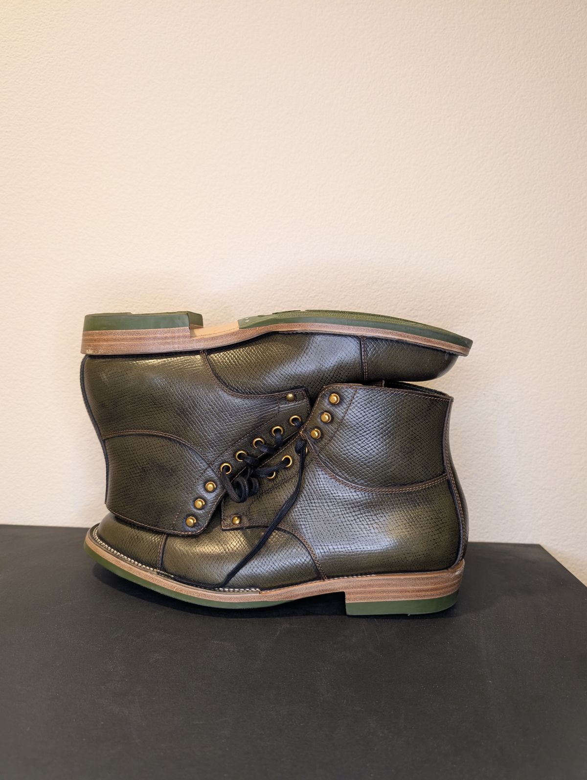 Photo by unofficiallegends on November 4, 2025 of the Iron Boots x Østmo Type 1 in Horween Pioneer Hatchgrain Green.