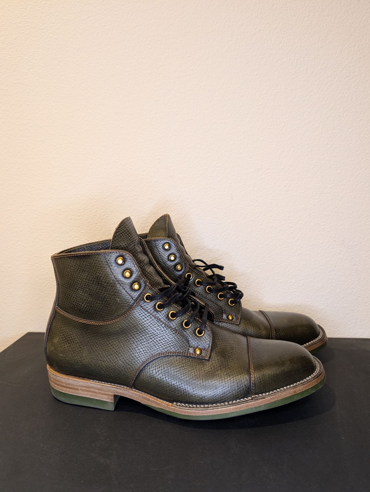 Photo by unofficiallegends on November 4, 2025 of the Iron Boots x Østmo Type 1 in Horween Pioneer Hatchgrain Green.