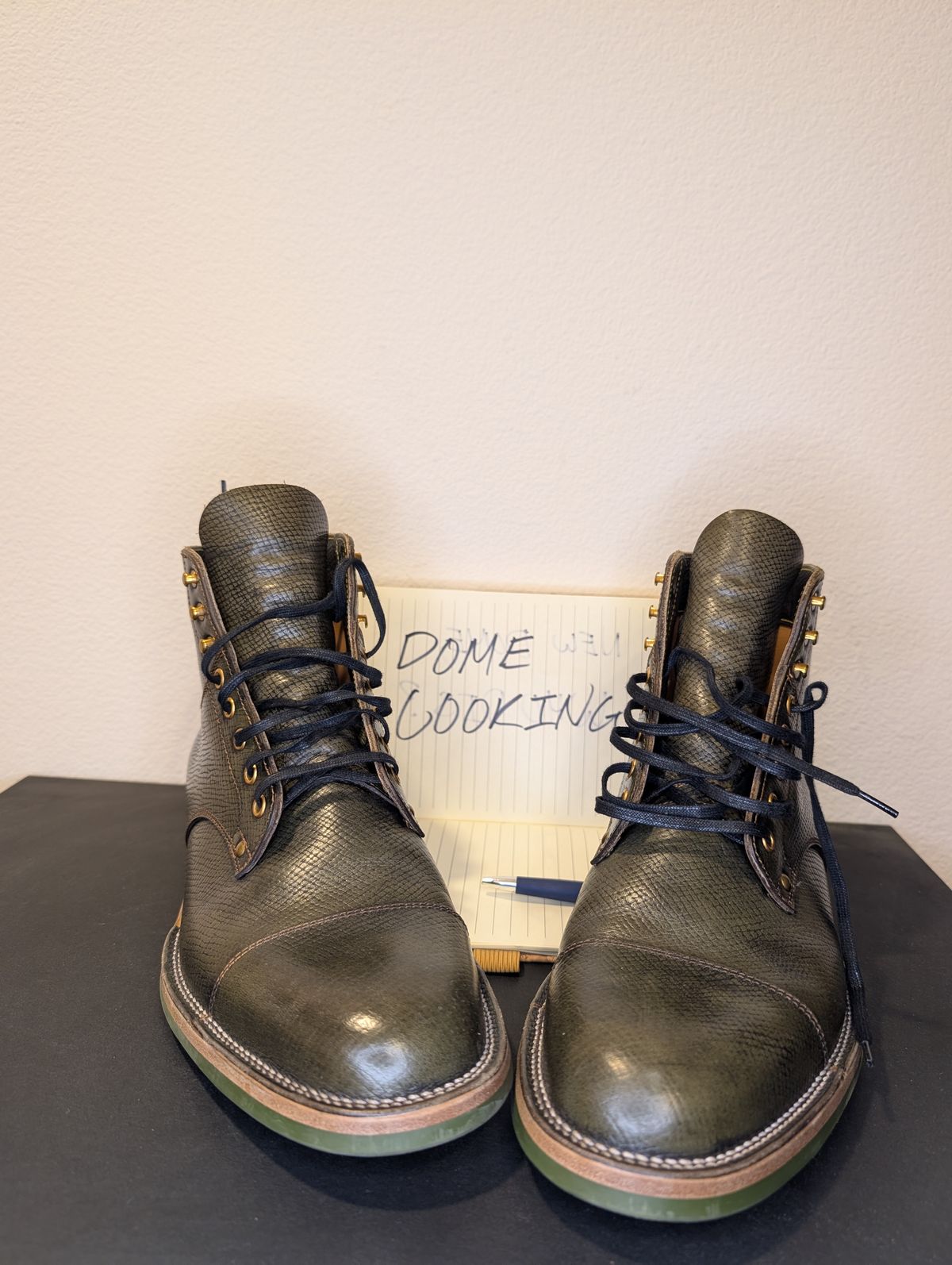 Photo by unofficiallegends on November 4, 2025 of the Iron Boots x Østmo Type 1 in Horween Pioneer Hatchgrain Green.