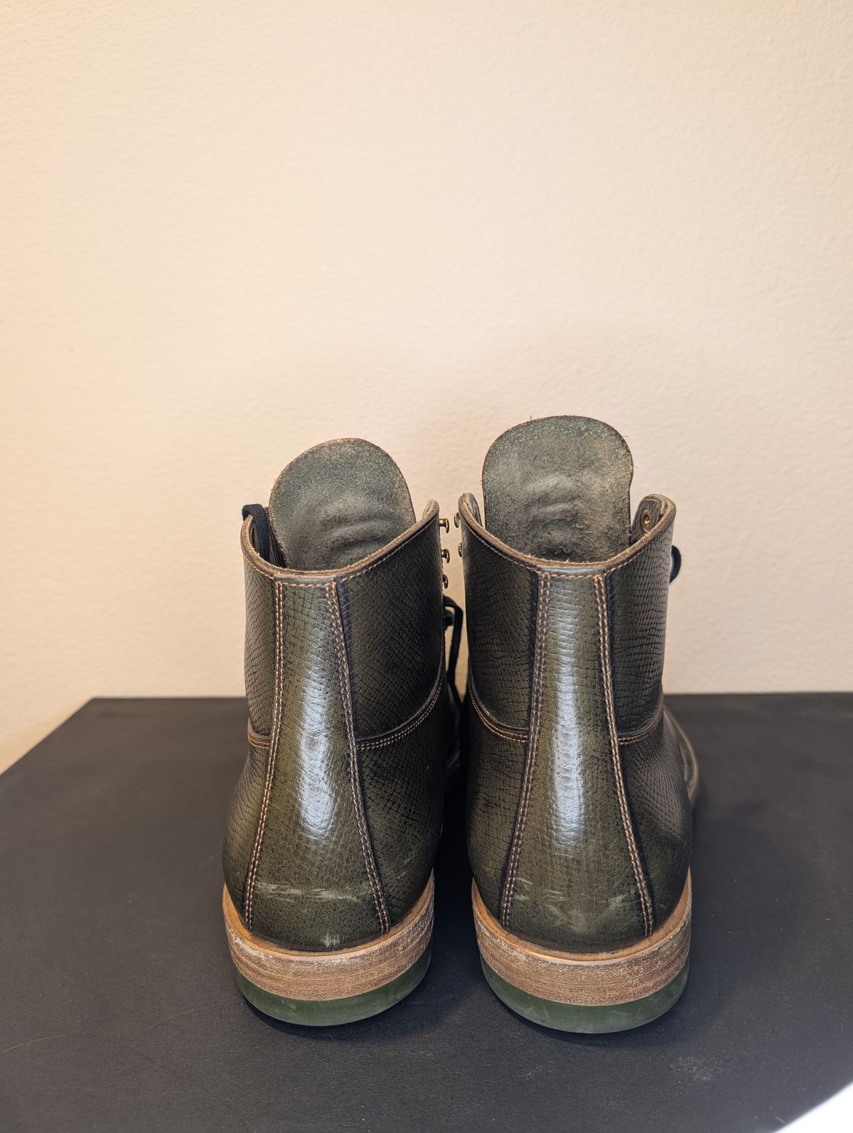 Photo by unofficiallegends on December 5, 2025 of the Iron Boots x Østmo Type 1 in Horween Pioneer Hatchgrain Green.