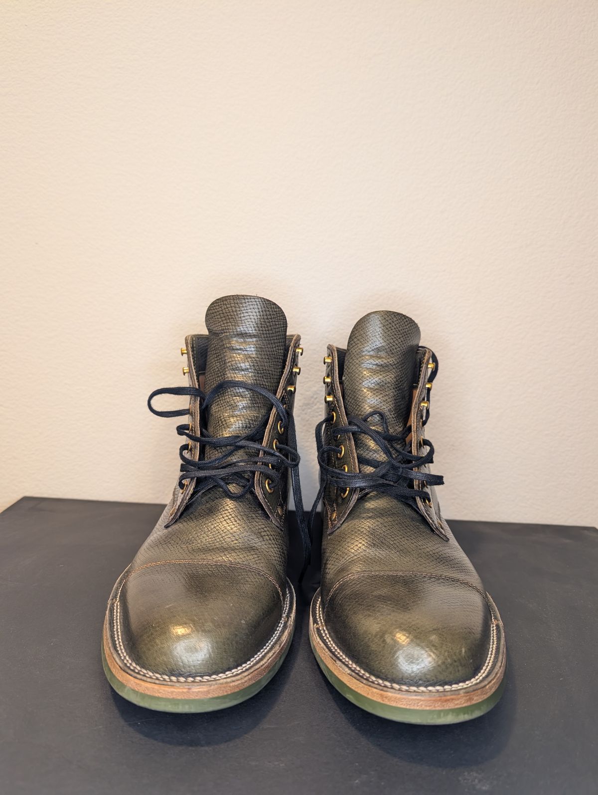 Photo by unofficiallegends on December 5, 2025 of the Iron Boots x Østmo Type 1 in Horween Pioneer Hatchgrain Green.