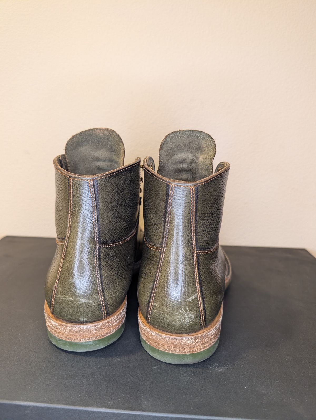 Photo by unofficiallegends on January 4, 2026 of the Iron Boots x Østmo Type 1 in Horween Pioneer Hatchgrain Green.