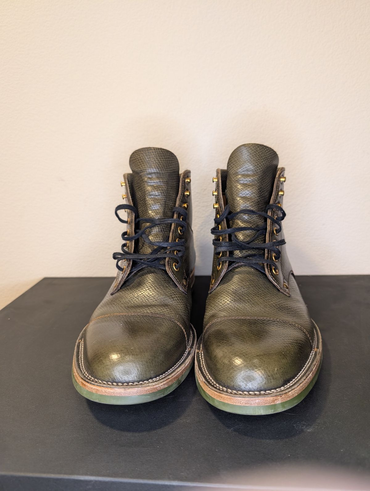 Photo by unofficiallegends on January 4, 2026 of the Iron Boots x Østmo Type 1 in Horween Pioneer Hatchgrain Green.