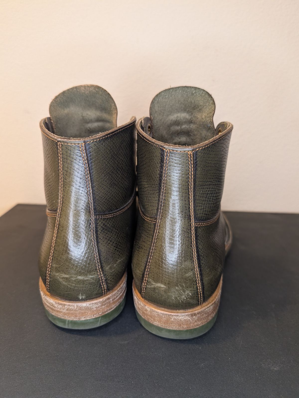 Photo by unofficiallegends on March 4, 2026 of the Iron Boots x Østmo Type 1 in Horween Pioneer Hatchgrain Green.