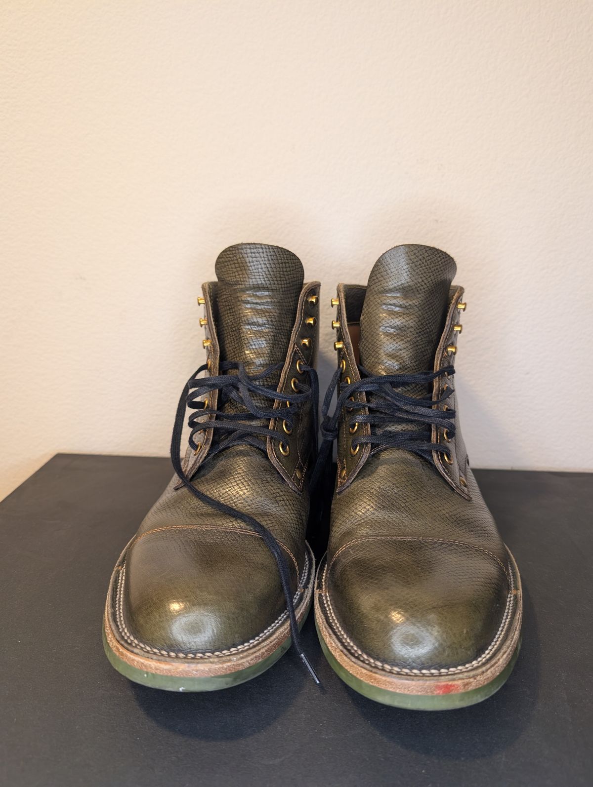 Photo by unofficiallegends on March 4, 2026 of the Iron Boots x Østmo Type 1 in Horween Pioneer Hatchgrain Green.