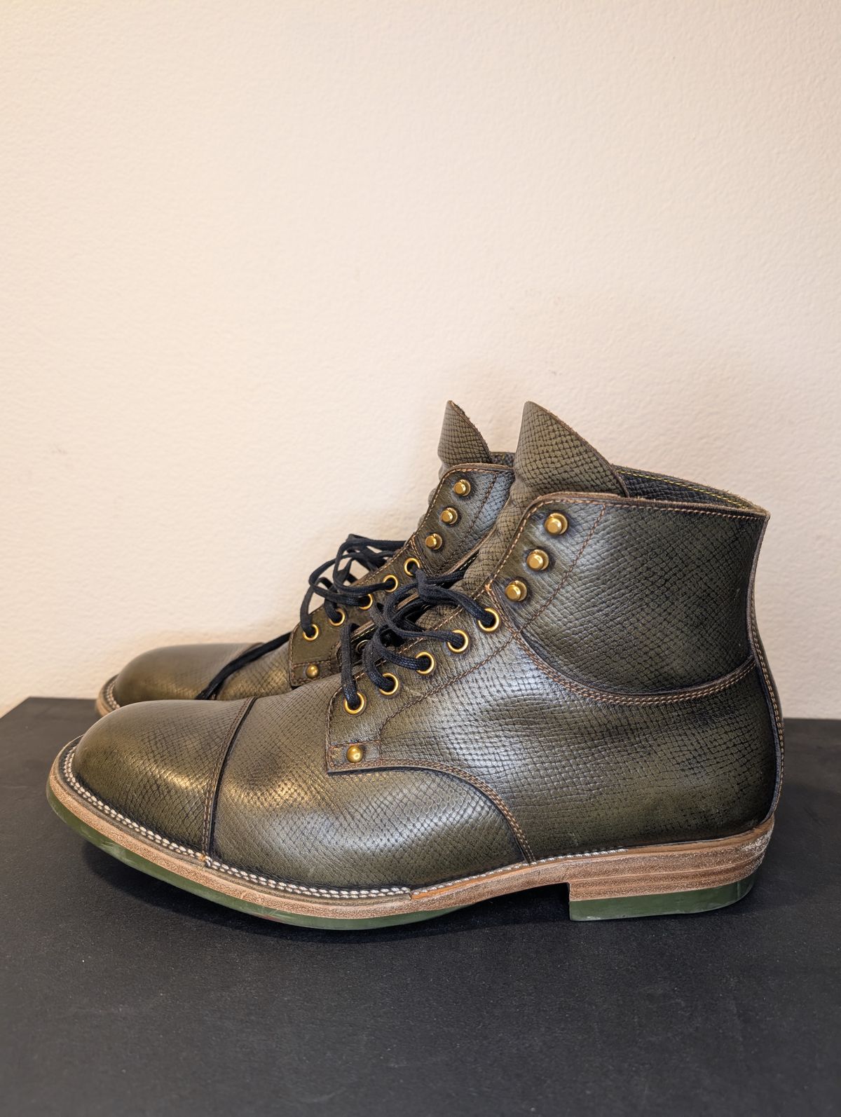Photo by unofficiallegends on March 4, 2026 of the Iron Boots x Østmo Type 1 in Horween Pioneer Hatchgrain Green.