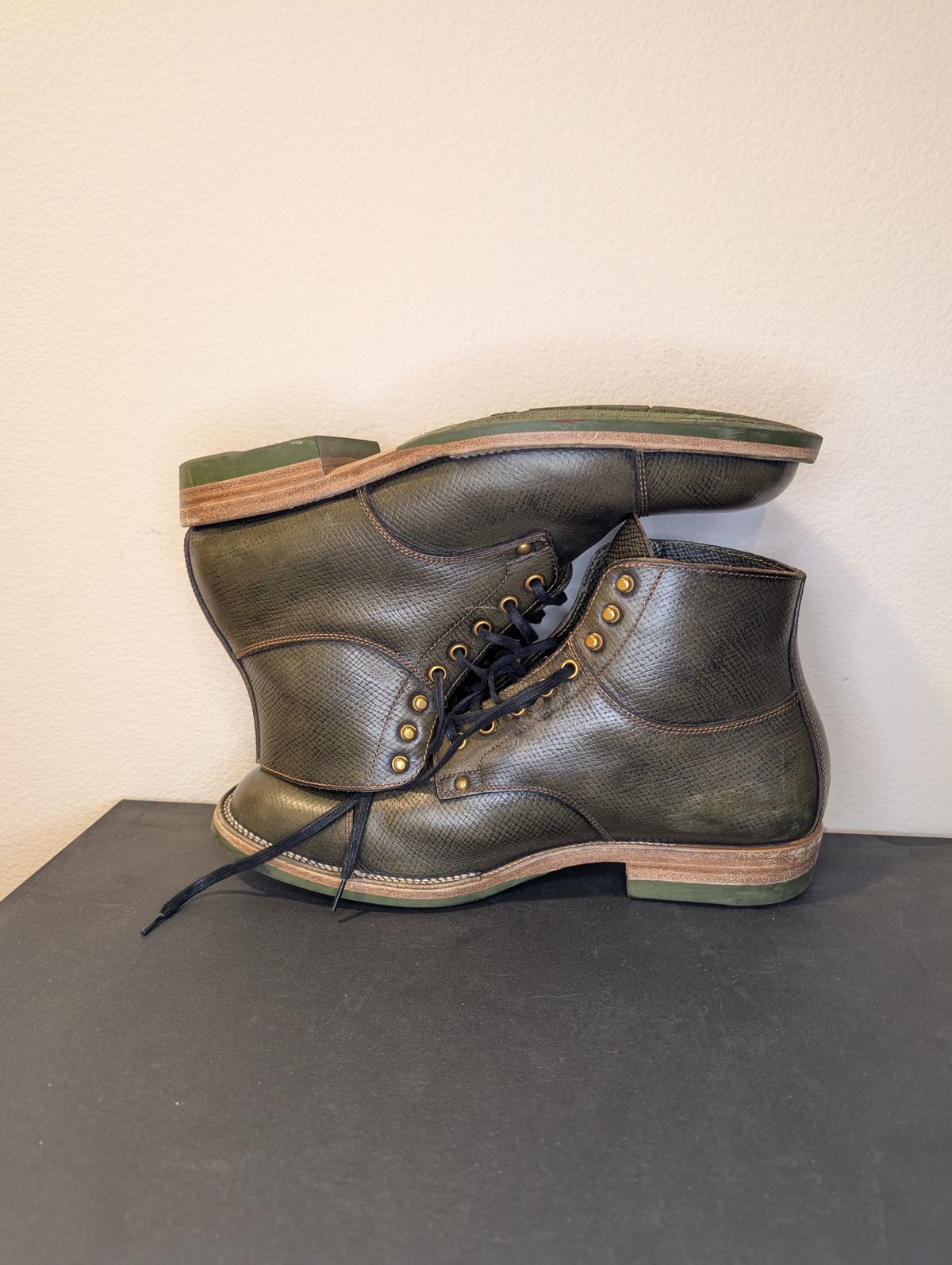 Photo by unofficiallegends on March 4, 2026 of the Iron Boots x Østmo Type 1 in Horween Pioneer Hatchgrain Green.