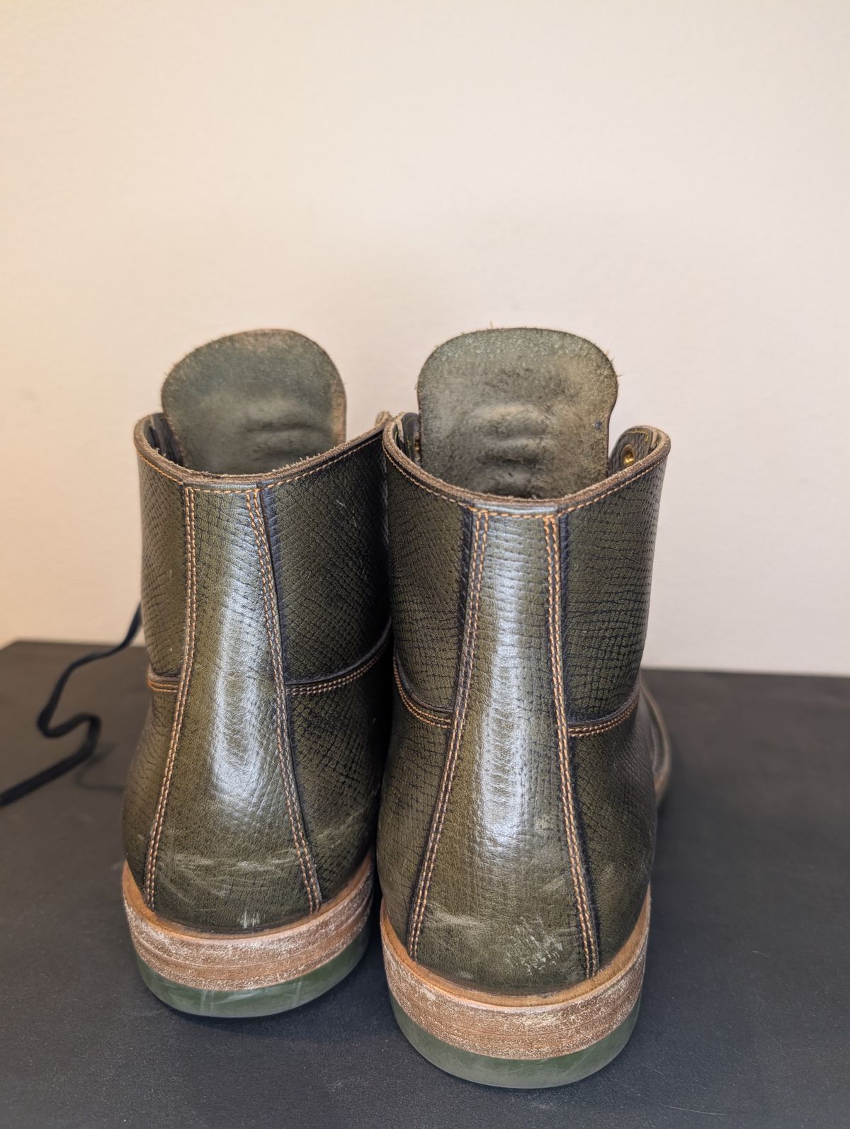 Photo by unofficiallegends on April 5, 2026 of the Iron Boots x Østmo Type 1 in Horween Pioneer Hatchgrain Green.