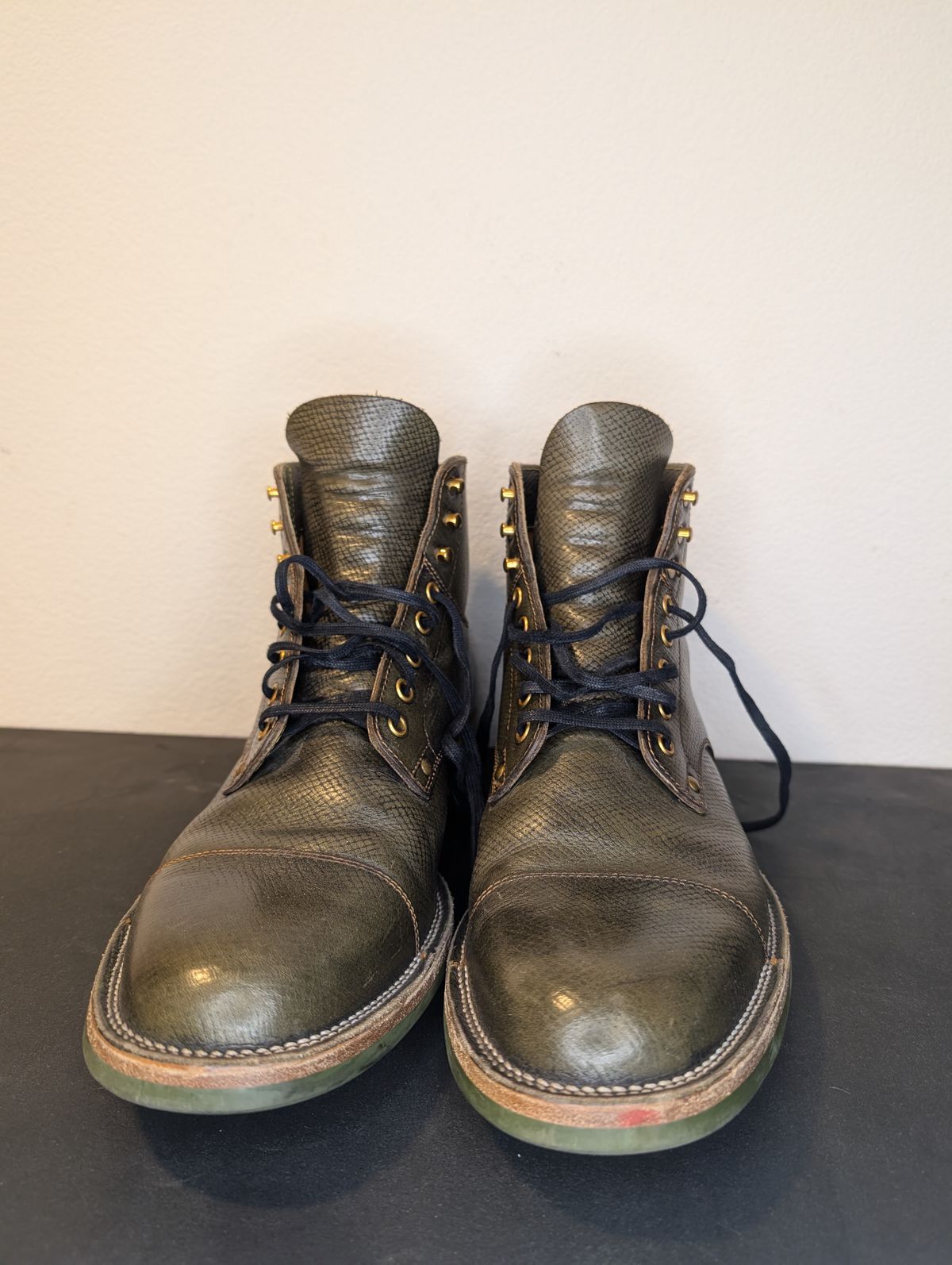 Photo by unofficiallegends on April 5, 2026 of the Iron Boots x Østmo Type 1 in Horween Pioneer Hatchgrain Green.