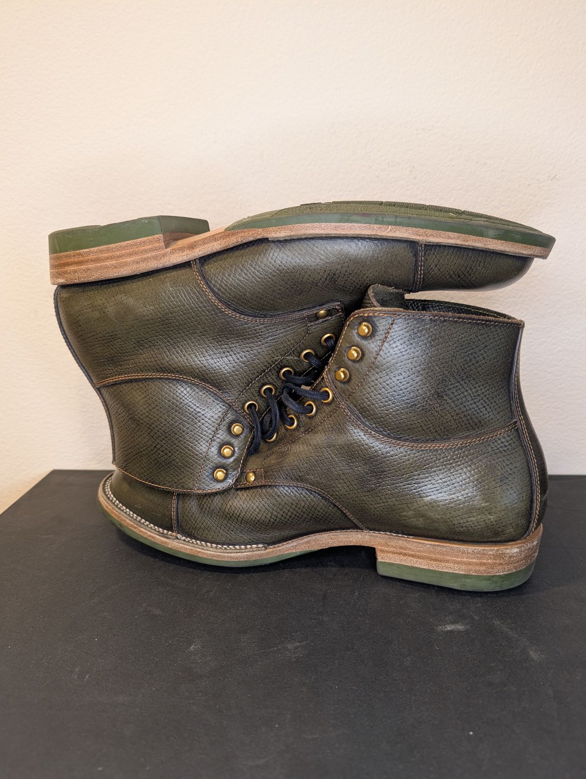 Photo by unofficiallegends on April 5, 2026 of the Iron Boots x Østmo Type 1 in Horween Pioneer Hatchgrain Green.