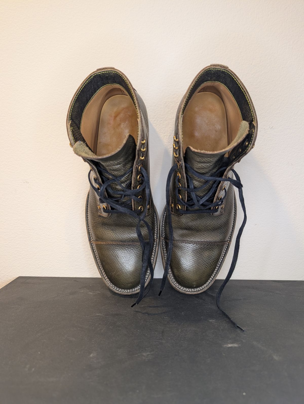 Photo by unofficiallegends on April 5, 2026 of the Iron Boots x Østmo Type 1 in Horween Pioneer Hatchgrain Green.