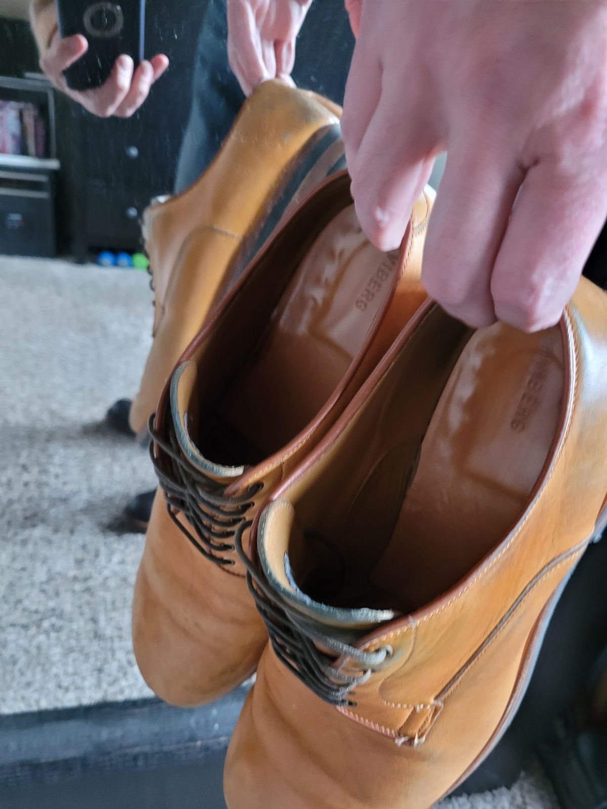 Photo by Slippy_Squeeze on February 4, 2023 of the Viberg Derby Shoe in Shinki Camel Latigo Horsehide.