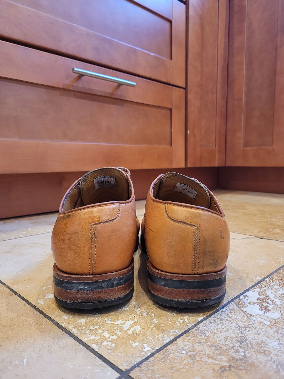 Photo by Slippy_Squeeze on March 5, 2023 of the Viberg Derby Shoe in Shinki Camel Latigo Horsehide.