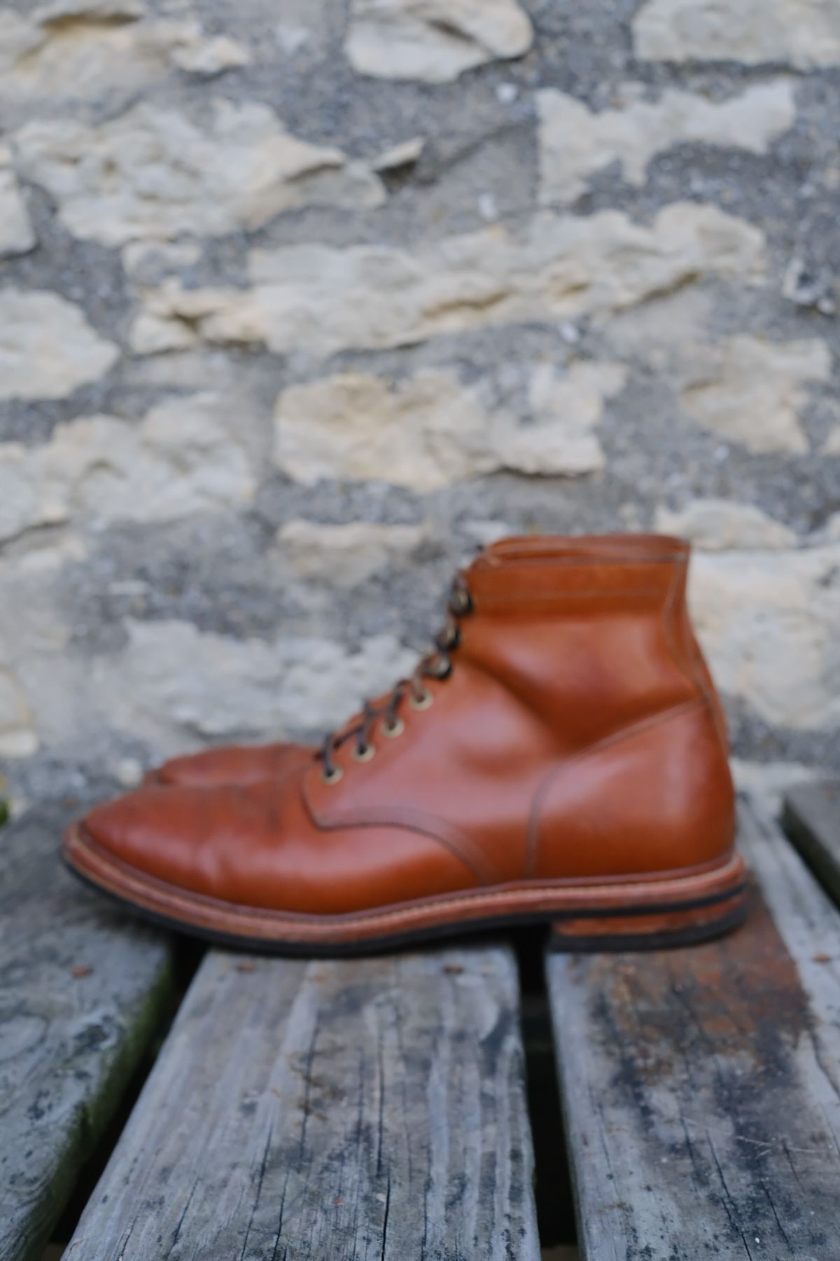 Photo by cuffcheckdenim on October 1, 2025 of the Grant Stone Diesel Boot in Badalassi Carlo Saddle Tan Minerva.
