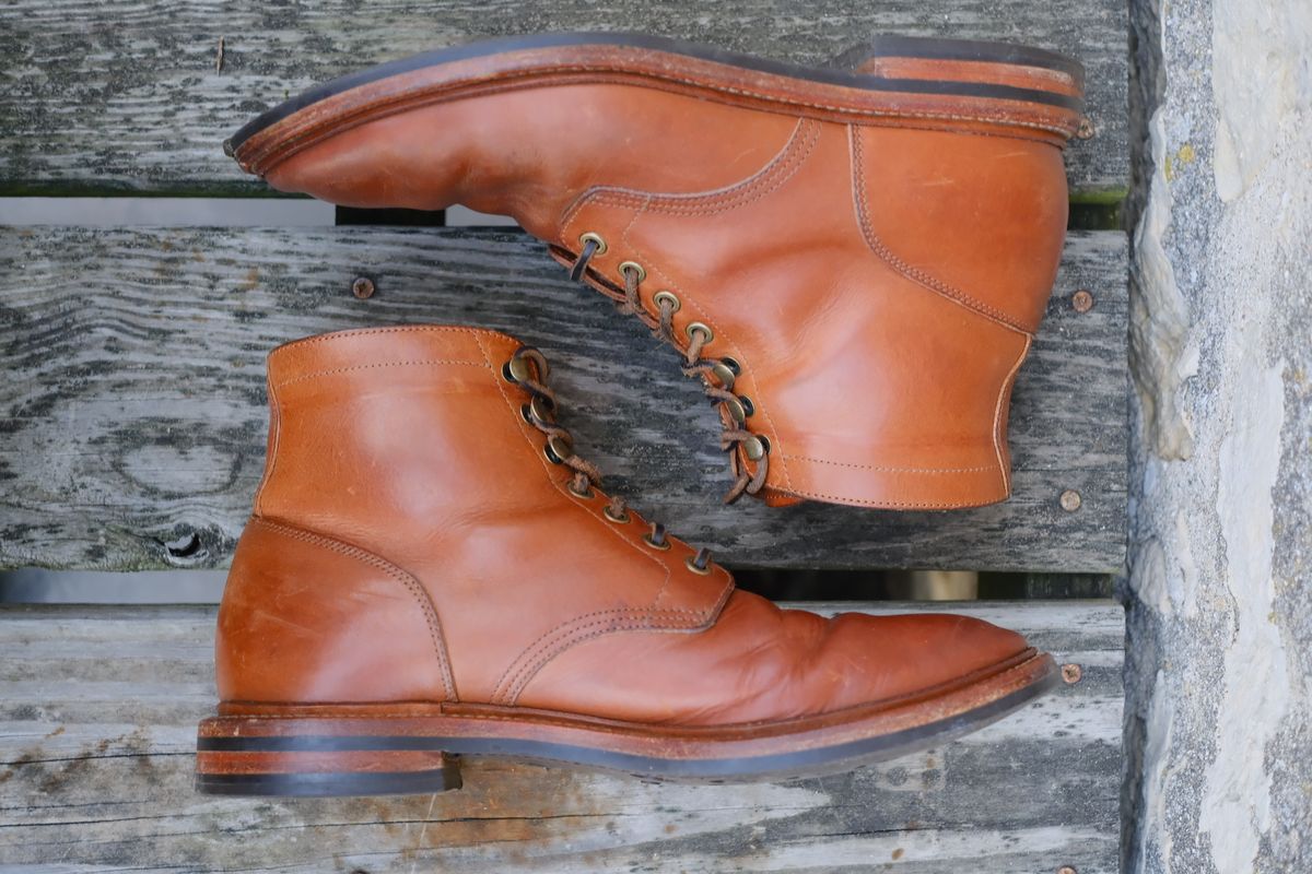 Photo by cuffcheckdenim on October 1, 2025 of the Grant Stone Diesel Boot in Badalassi Carlo Saddle Tan Minerva.