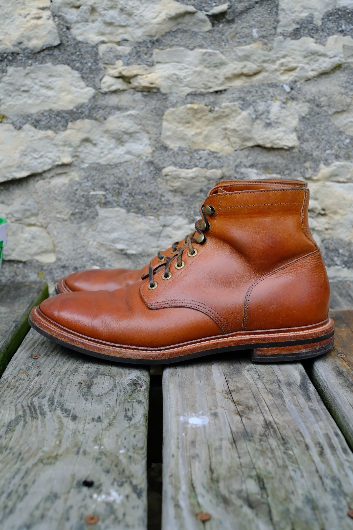 Photo by cuffcheckdenim on November 1, 2025 of the Grant Stone Diesel Boot in Badalassi Carlo Saddle Tan Minerva.