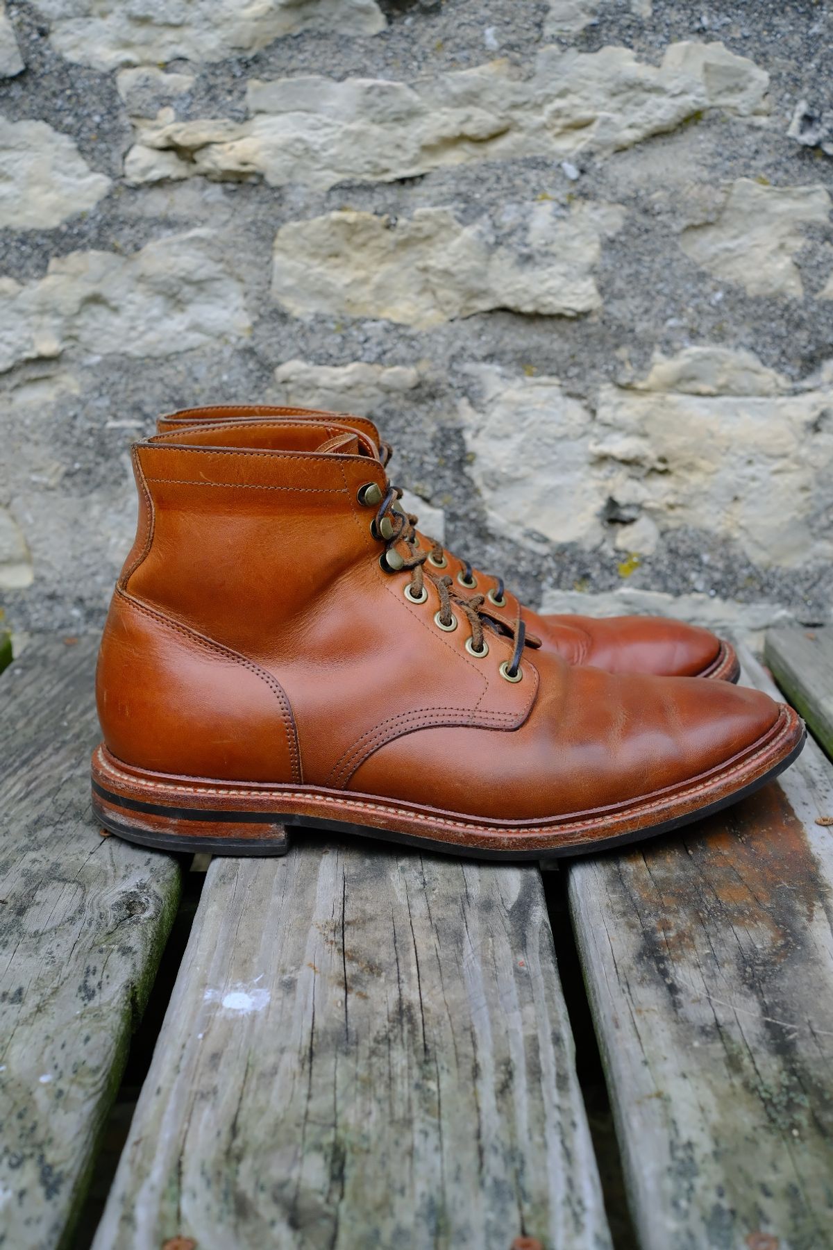 Photo by cuffcheckdenim on November 1, 2025 of the Grant Stone Diesel Boot in Badalassi Carlo Saddle Tan Minerva.
