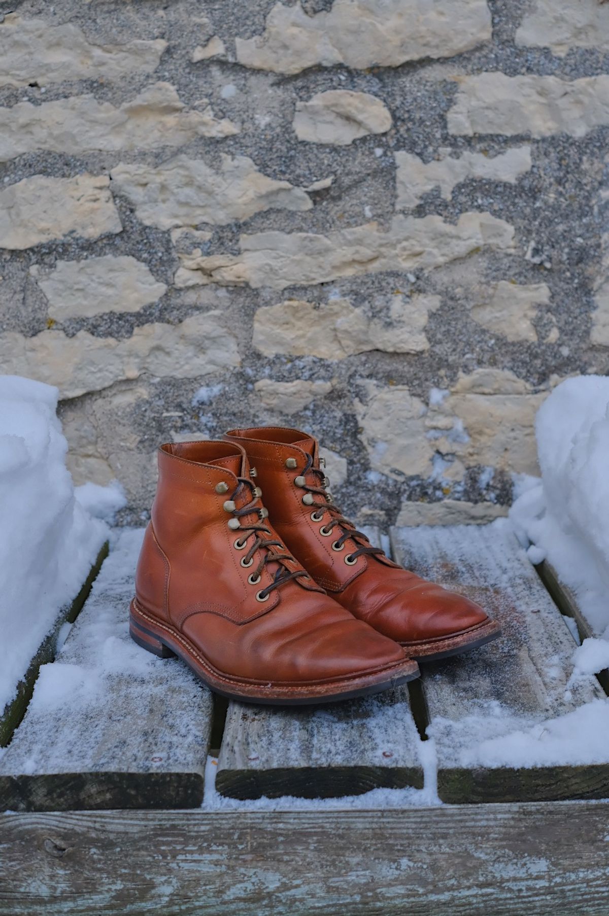 Photo by cuffcheckdenim on December 2, 2025 of the Grant Stone Diesel Boot in Badalassi Carlo Saddle Tan Minerva.