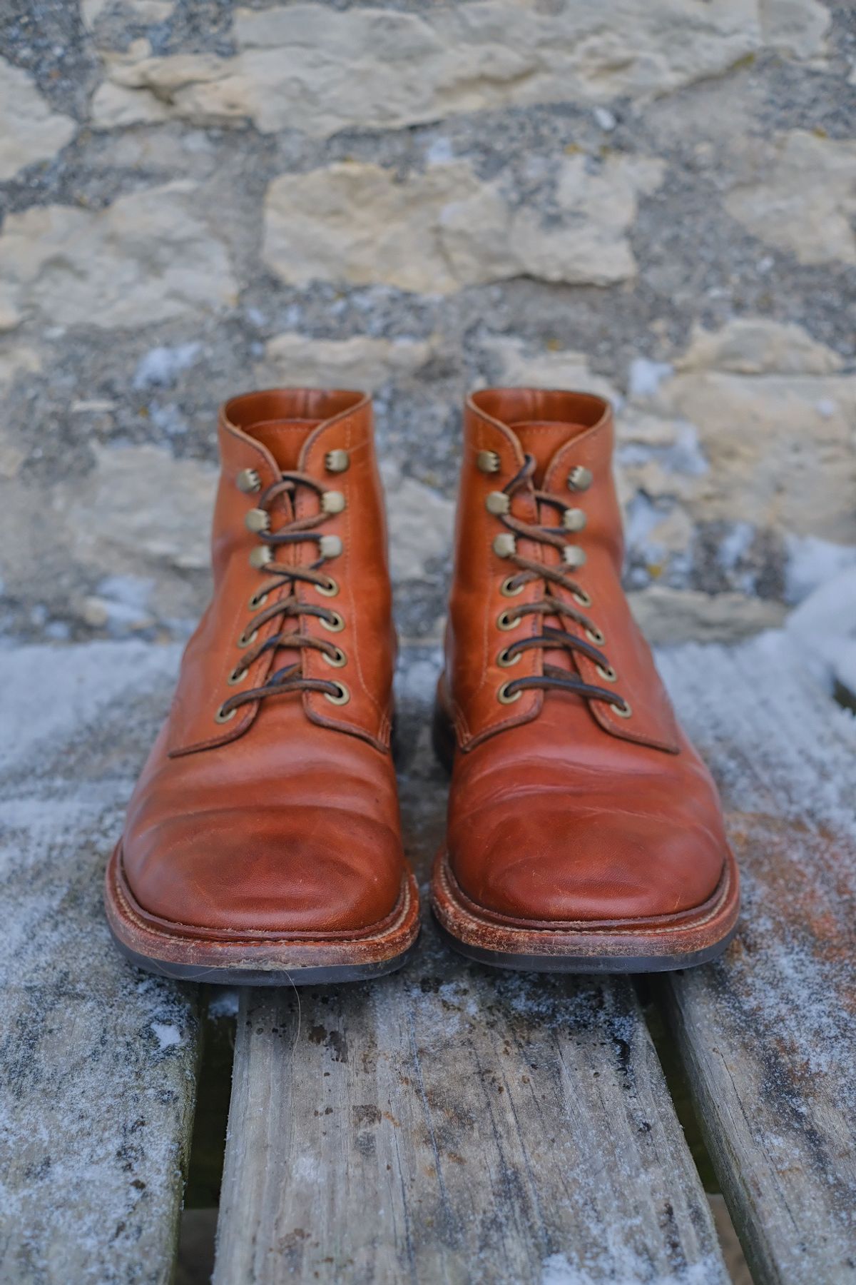 Photo by cuffcheckdenim on December 2, 2025 of the Grant Stone Diesel Boot in Badalassi Carlo Saddle Tan Minerva.