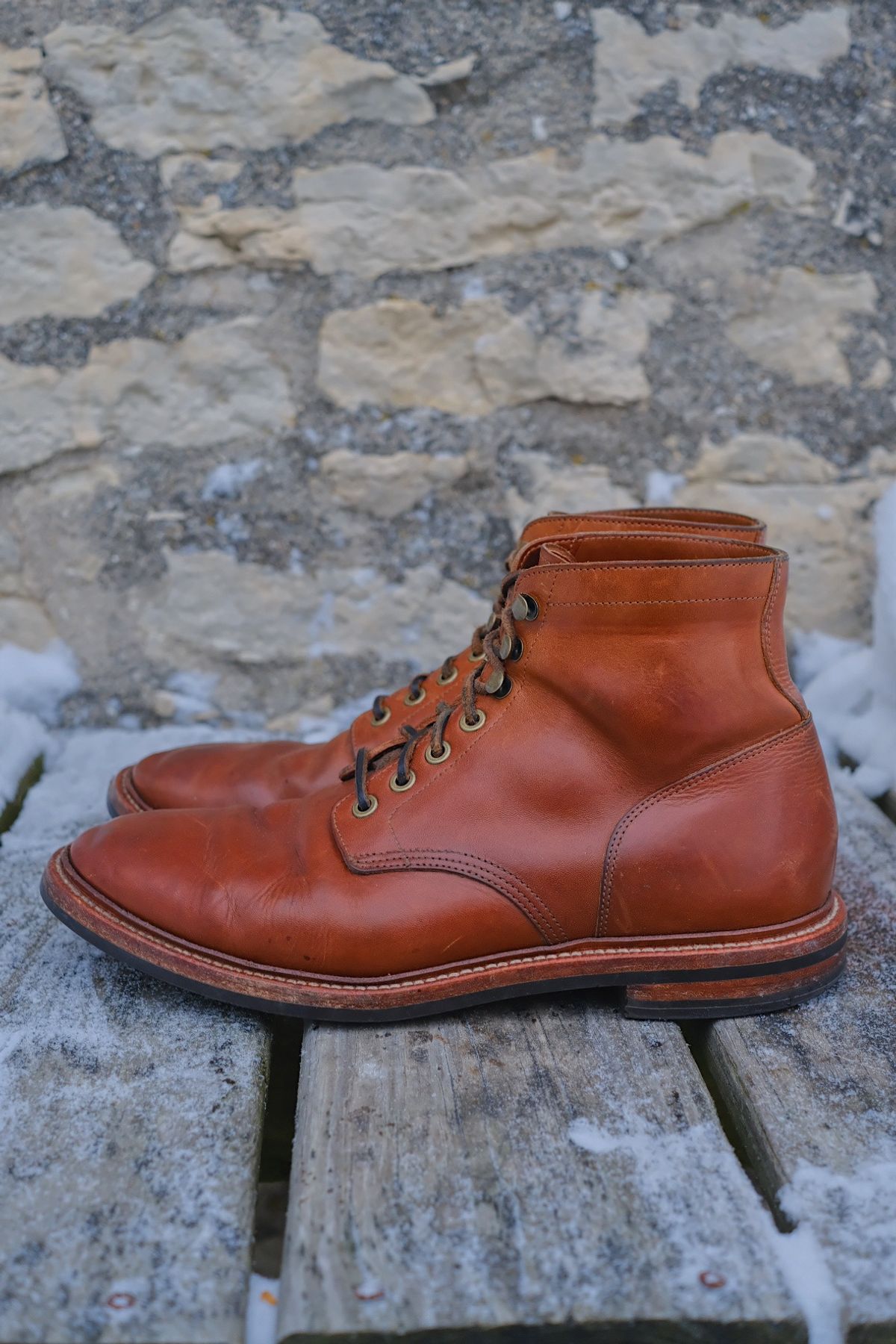 Photo by cuffcheckdenim on December 2, 2025 of the Grant Stone Diesel Boot in Badalassi Carlo Saddle Tan Minerva.
