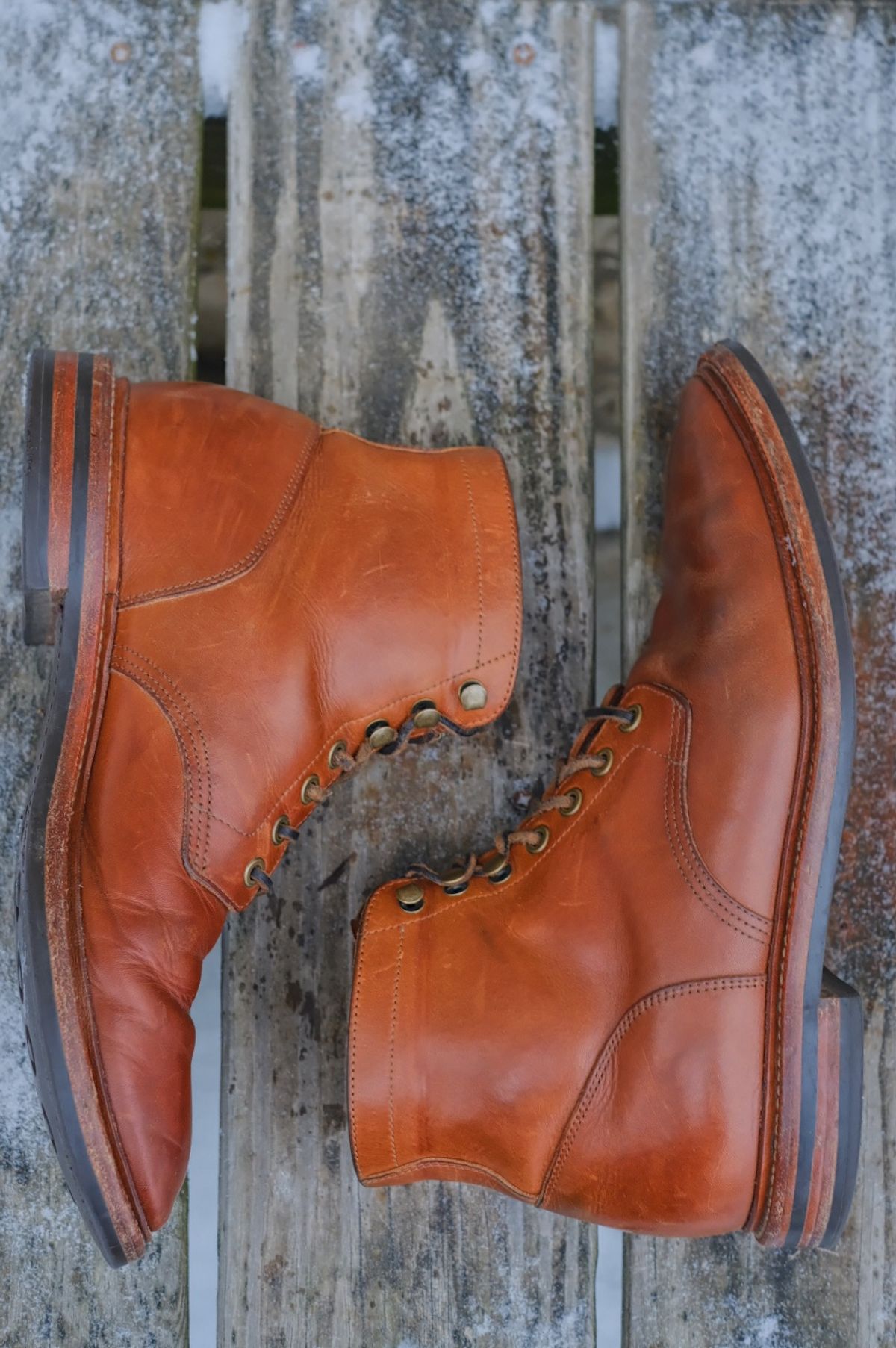 Photo by cuffcheckdenim on December 2, 2025 of the Grant Stone Diesel Boot in Badalassi Carlo Saddle Tan Minerva.