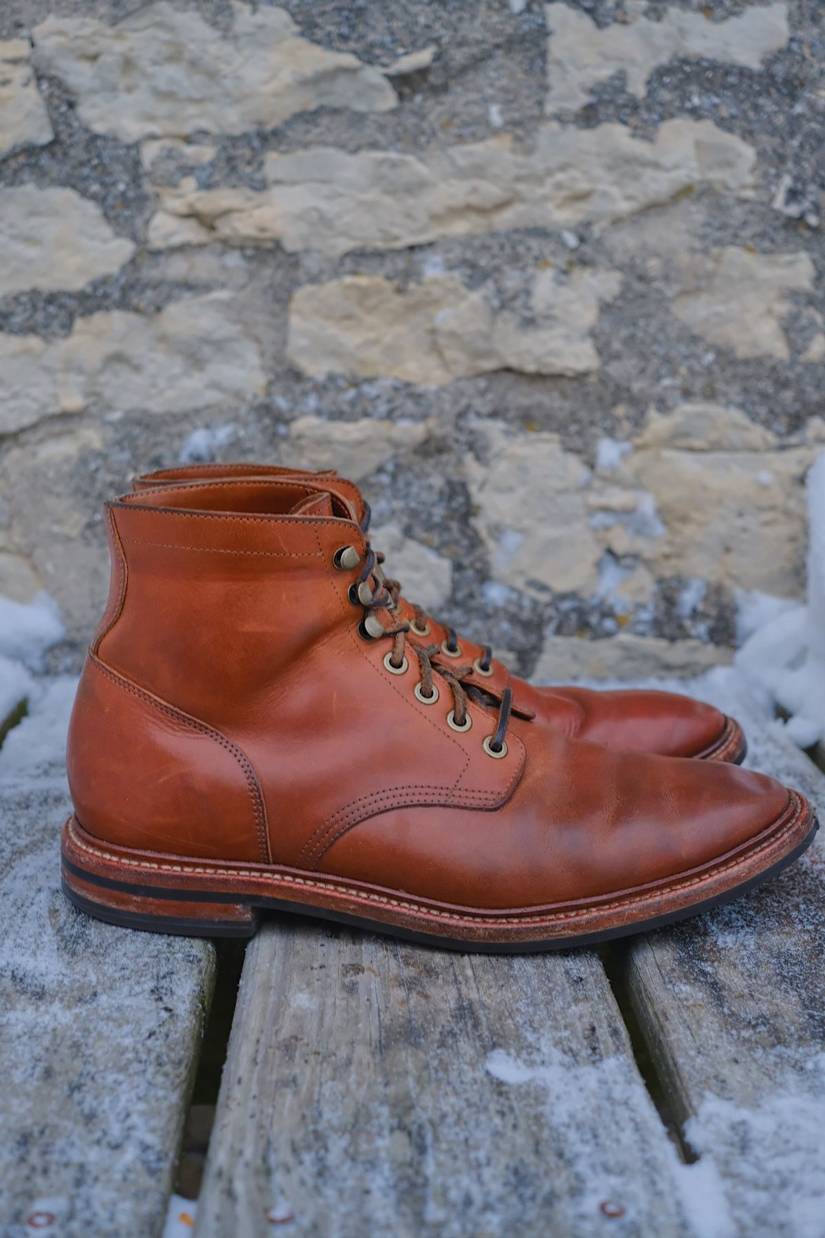 Photo by cuffcheckdenim on December 2, 2025 of the Grant Stone Diesel Boot in Badalassi Carlo Saddle Tan Minerva.