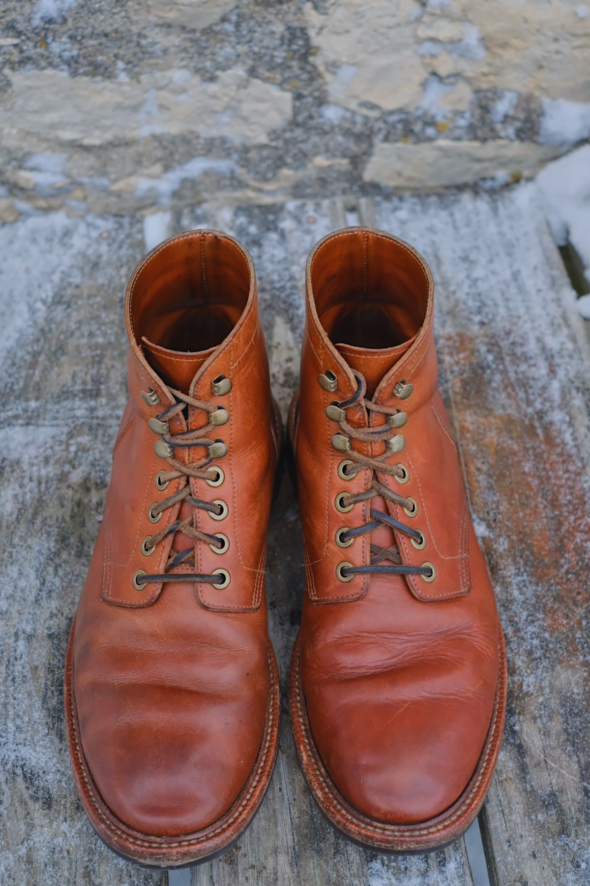Photo by cuffcheckdenim on December 2, 2025 of the Grant Stone Diesel Boot in Badalassi Carlo Saddle Tan Minerva.