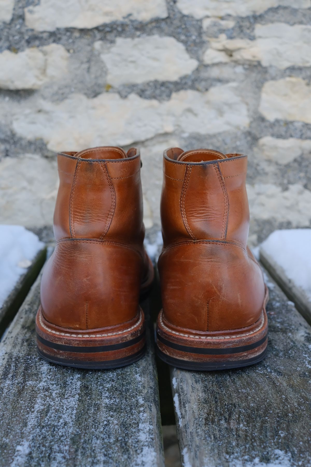 Photo by cuffcheckdenim on January 4, 2026 of the Grant Stone Diesel Boot in Badalassi Carlo Saddle Tan Minerva.