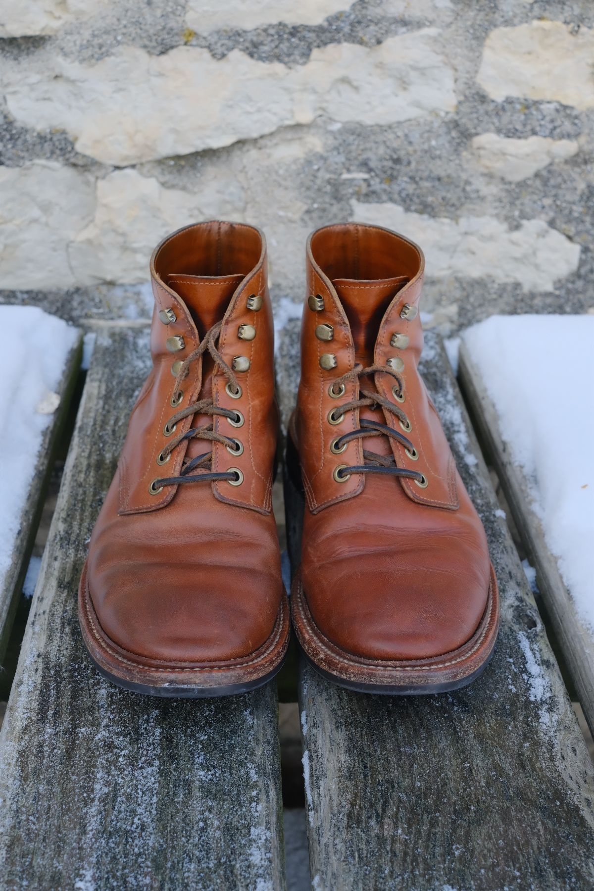 Photo by cuffcheckdenim on January 4, 2026 of the Grant Stone Diesel Boot in Badalassi Carlo Saddle Tan Minerva.