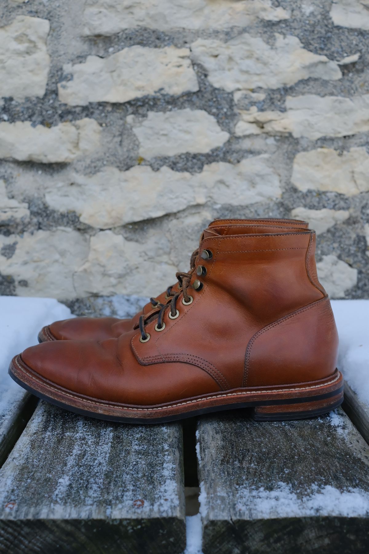 Photo by cuffcheckdenim on January 4, 2026 of the Grant Stone Diesel Boot in Badalassi Carlo Saddle Tan Minerva.
