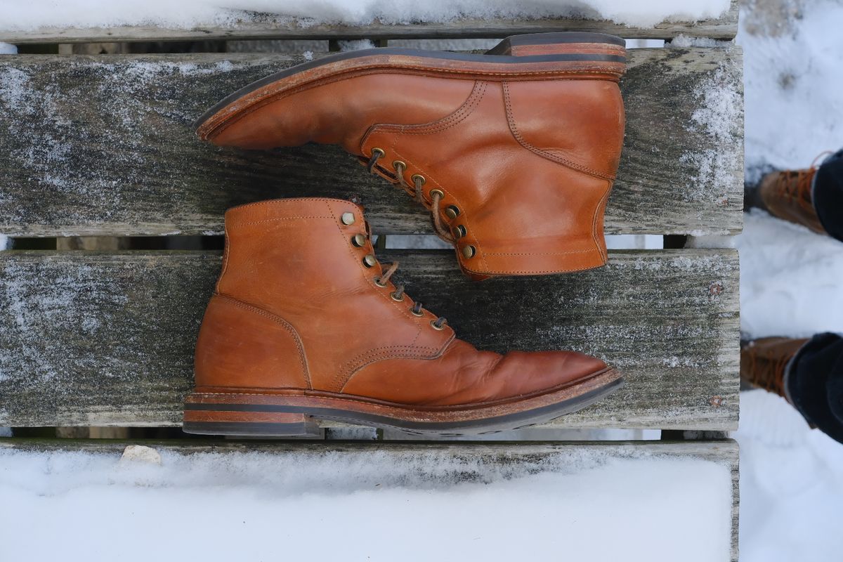 Photo by cuffcheckdenim on January 4, 2026 of the Grant Stone Diesel Boot in Badalassi Carlo Saddle Tan Minerva.