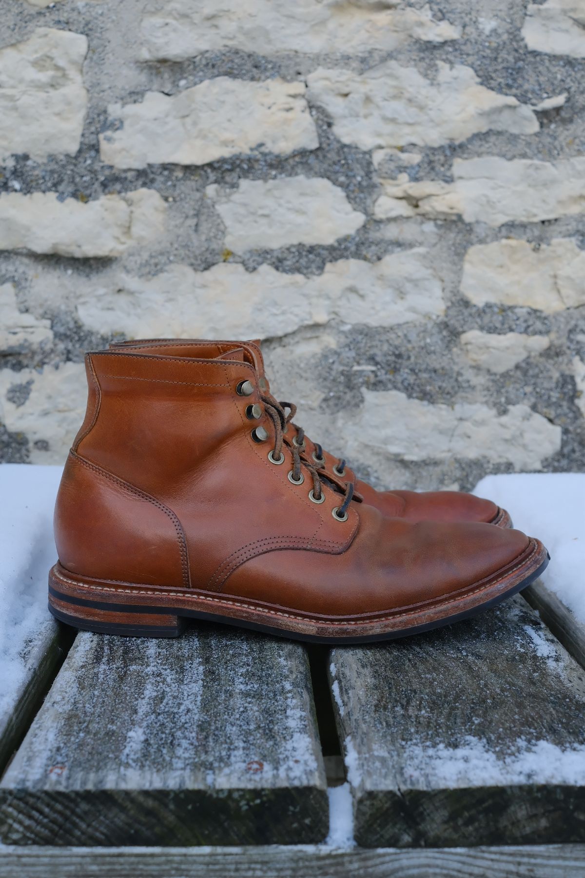 Photo by cuffcheckdenim on January 4, 2026 of the Grant Stone Diesel Boot in Badalassi Carlo Saddle Tan Minerva.