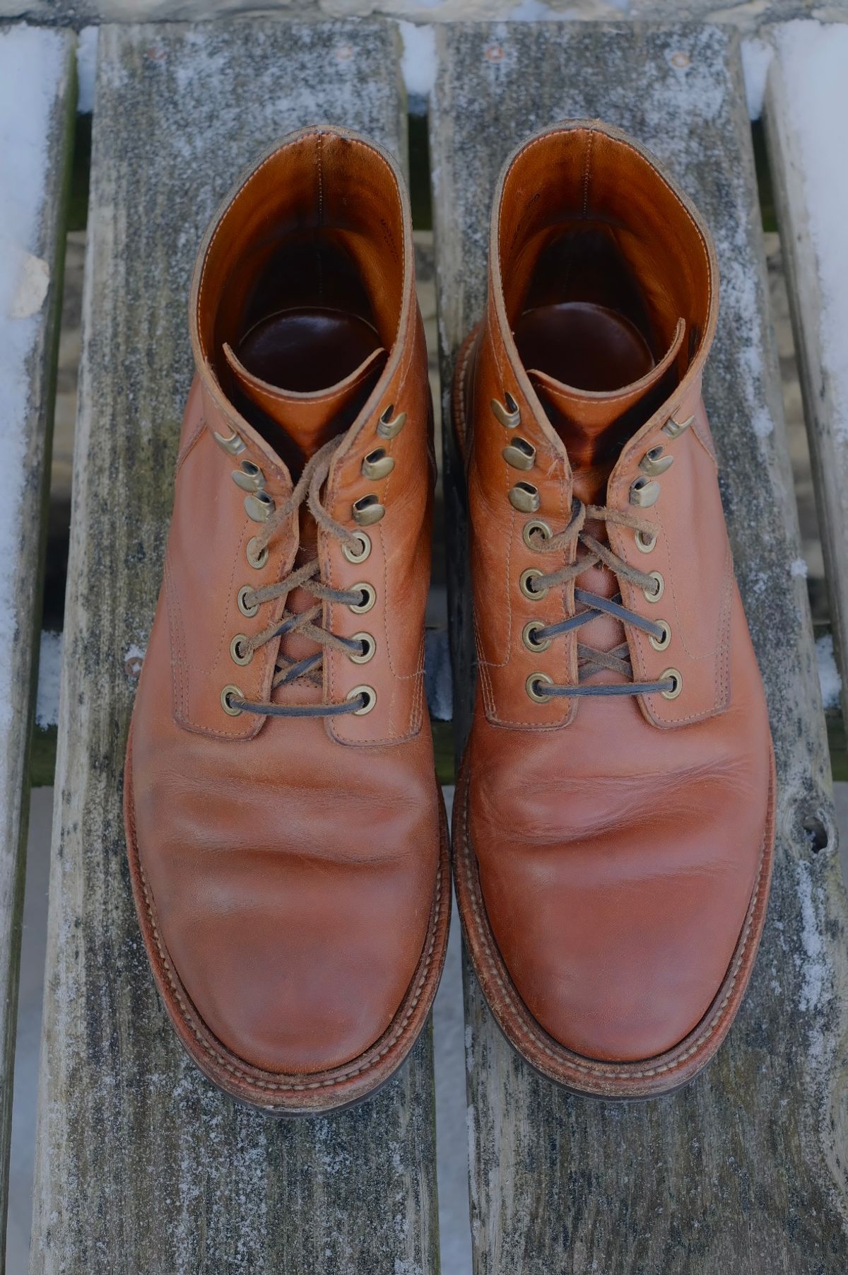 Photo by cuffcheckdenim on January 4, 2026 of the Grant Stone Diesel Boot in Badalassi Carlo Saddle Tan Minerva.