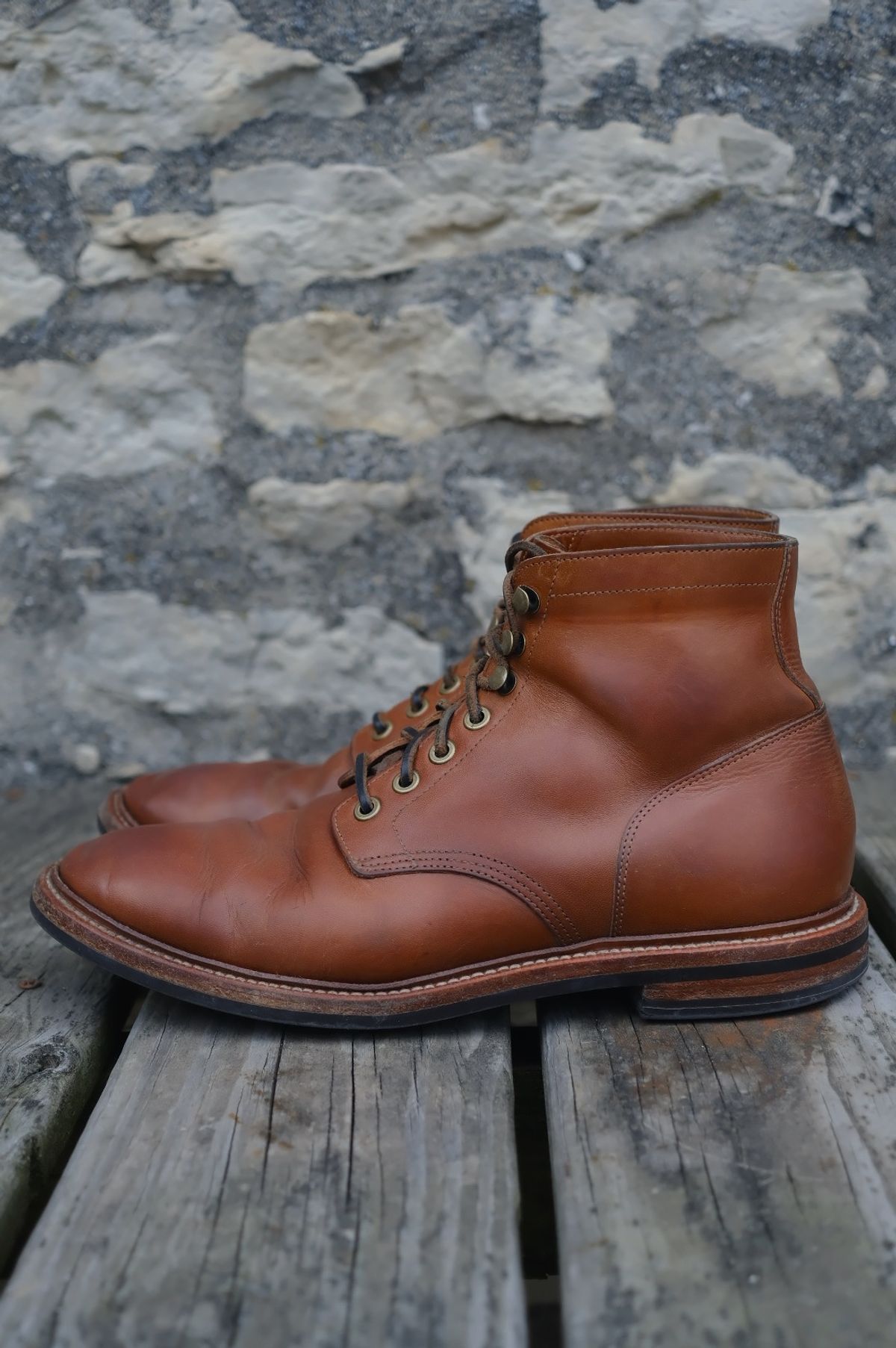 Photo by cuffcheckdenim on March 1, 2026 of the Grant Stone Diesel Boot in Badalassi Carlo Saddle Tan Minerva.