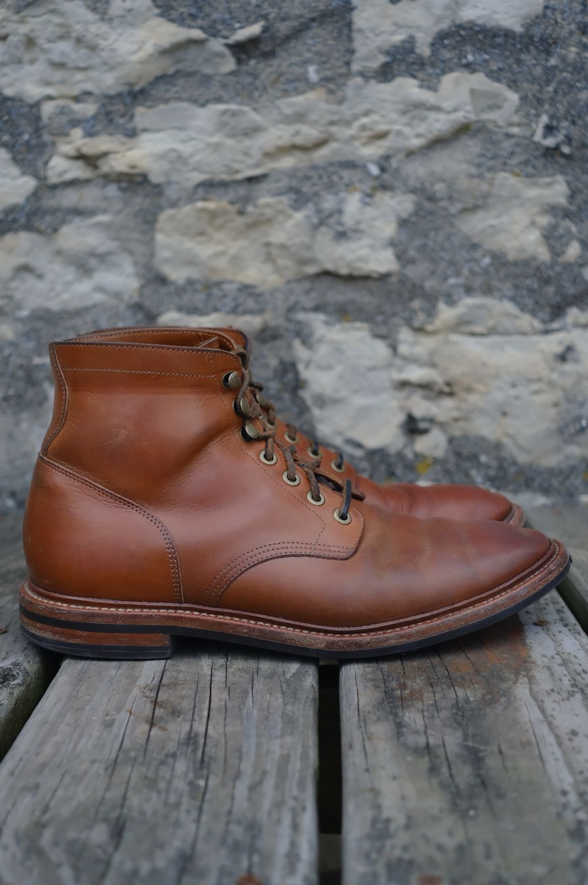 Photo by cuffcheckdenim on March 1, 2026 of the Grant Stone Diesel Boot in Badalassi Carlo Saddle Tan Minerva.
