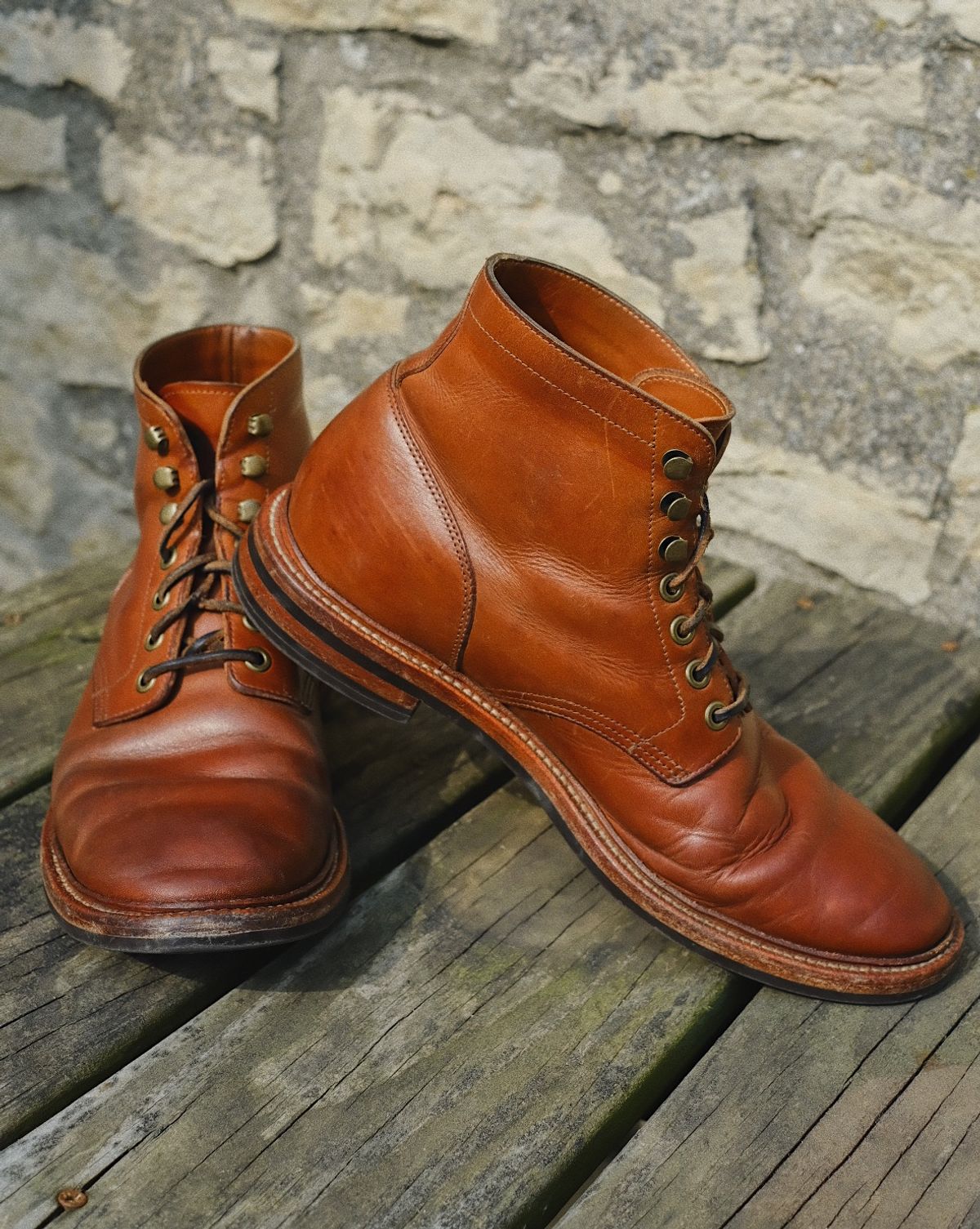Photo by cuffcheckdenim on March 31, 2026 of the Grant Stone Diesel Boot in Badalassi Carlo Saddle Tan Minerva.