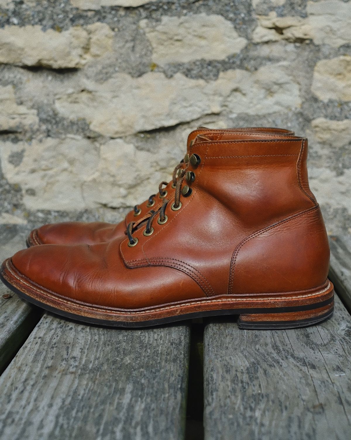 Photo by cuffcheckdenim on March 31, 2026 of the Grant Stone Diesel Boot in Badalassi Carlo Saddle Tan Minerva.