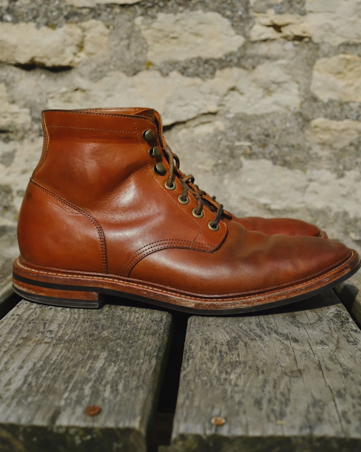 Photo by cuffcheckdenim on March 31, 2026 of the Grant Stone Diesel Boot in Badalassi Carlo Saddle Tan Minerva.