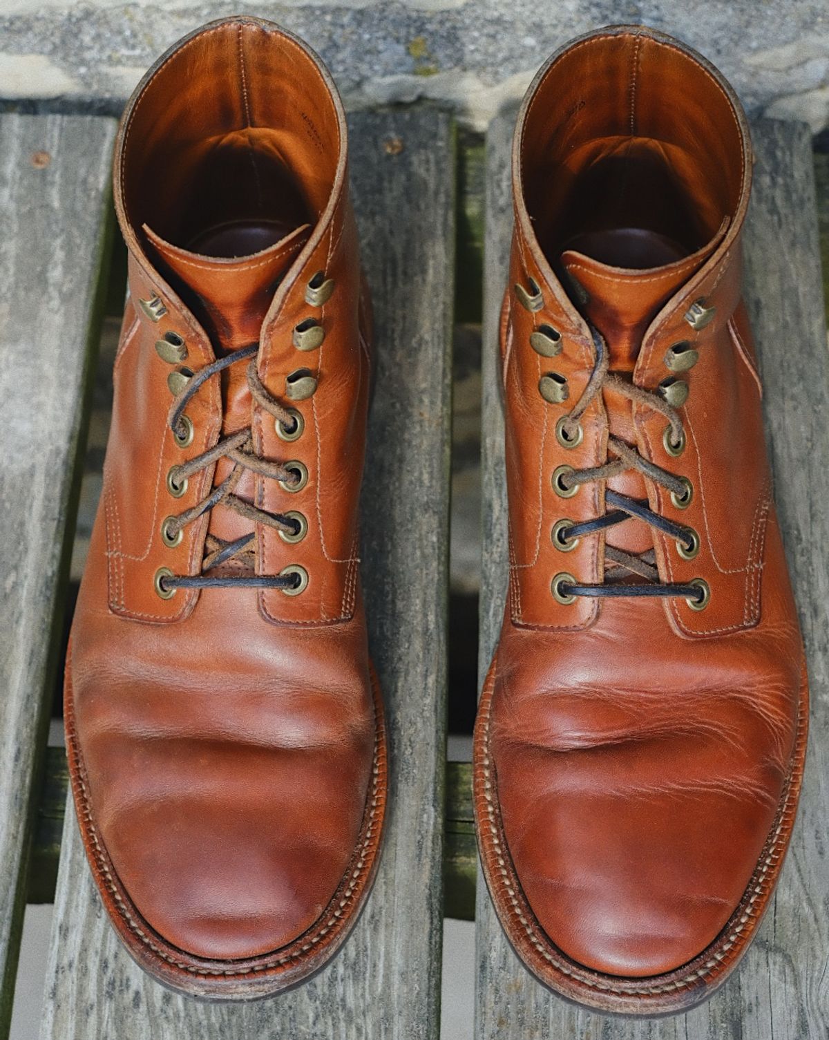 Photo by cuffcheckdenim on March 31, 2026 of the Grant Stone Diesel Boot in Badalassi Carlo Saddle Tan Minerva.