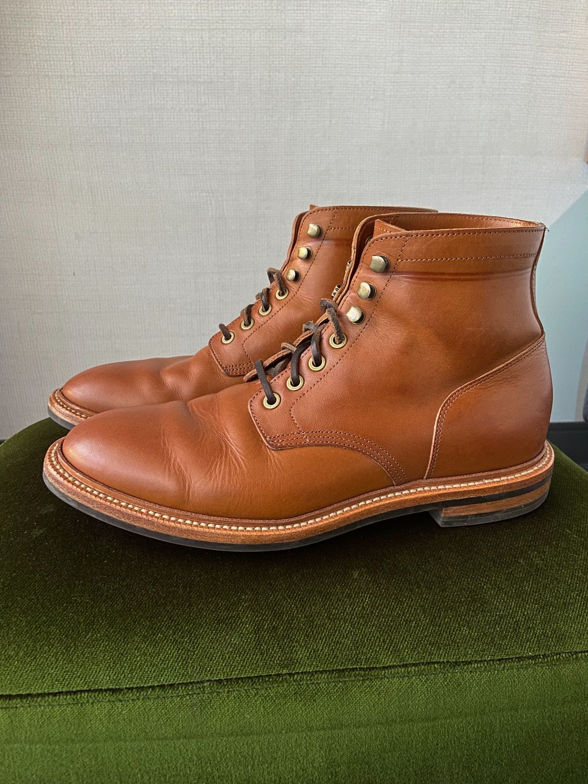 Photo by cuffcheckdenim on November 3, 2023 of the Grant Stone Diesel Boot in Badalassi Carlo Saddle Tan Minerva.