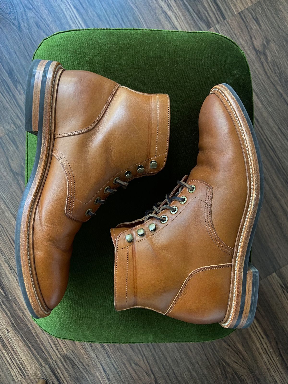 Photo by cuffcheckdenim on November 3, 2023 of the Grant Stone Diesel Boot in Badalassi Carlo Saddle Tan Minerva.